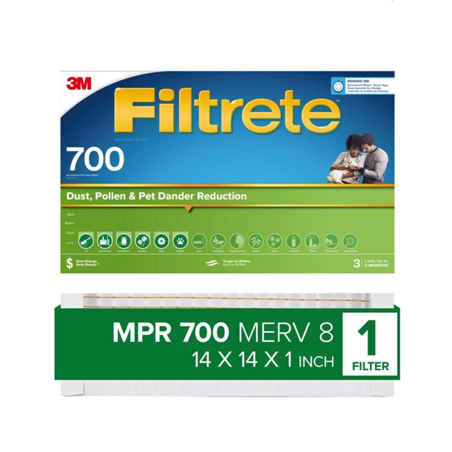 RESID SE 3M Filtrete 700 Dust, Pollen & Pet Dander Reduction Save $ -u Lasts Up to 3 MONTHS MPR 700 MERV 8 1 14 X 14 X 1 INCH FILTER