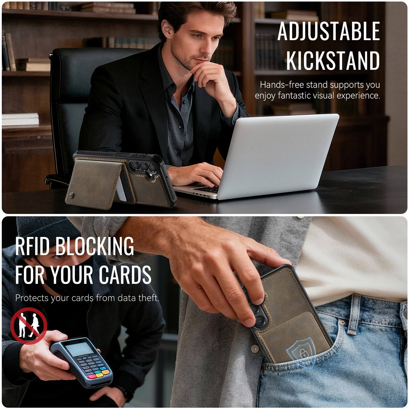 ADJUSTABLE KICKSTAND  
Hands-free stand supports you enjoy fantastic visual experience.  

RFID BLOCKING FOR YOUR CARDS  
Protects your cards from data theft.