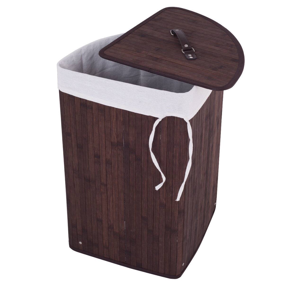 Alt View 19. Costway - Corner Bamboo Hamper Laundry Basket Washing Cloth Bin Storage Bag Lid Brown - Brown.