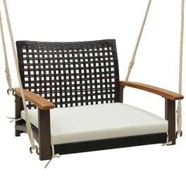 Costway - Outdoor Single Swing Chair Bench 1-Person Rattan Porch Swing with Cushion - Mix Brown,Off White