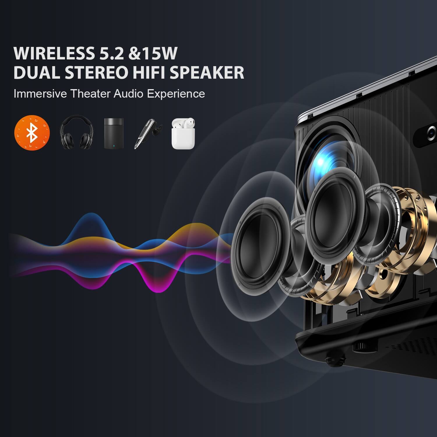 WIRELESS 5.2 & 15W DUAL STEREO HIFI SPEAKER  
Immersive Theater Audio Experience