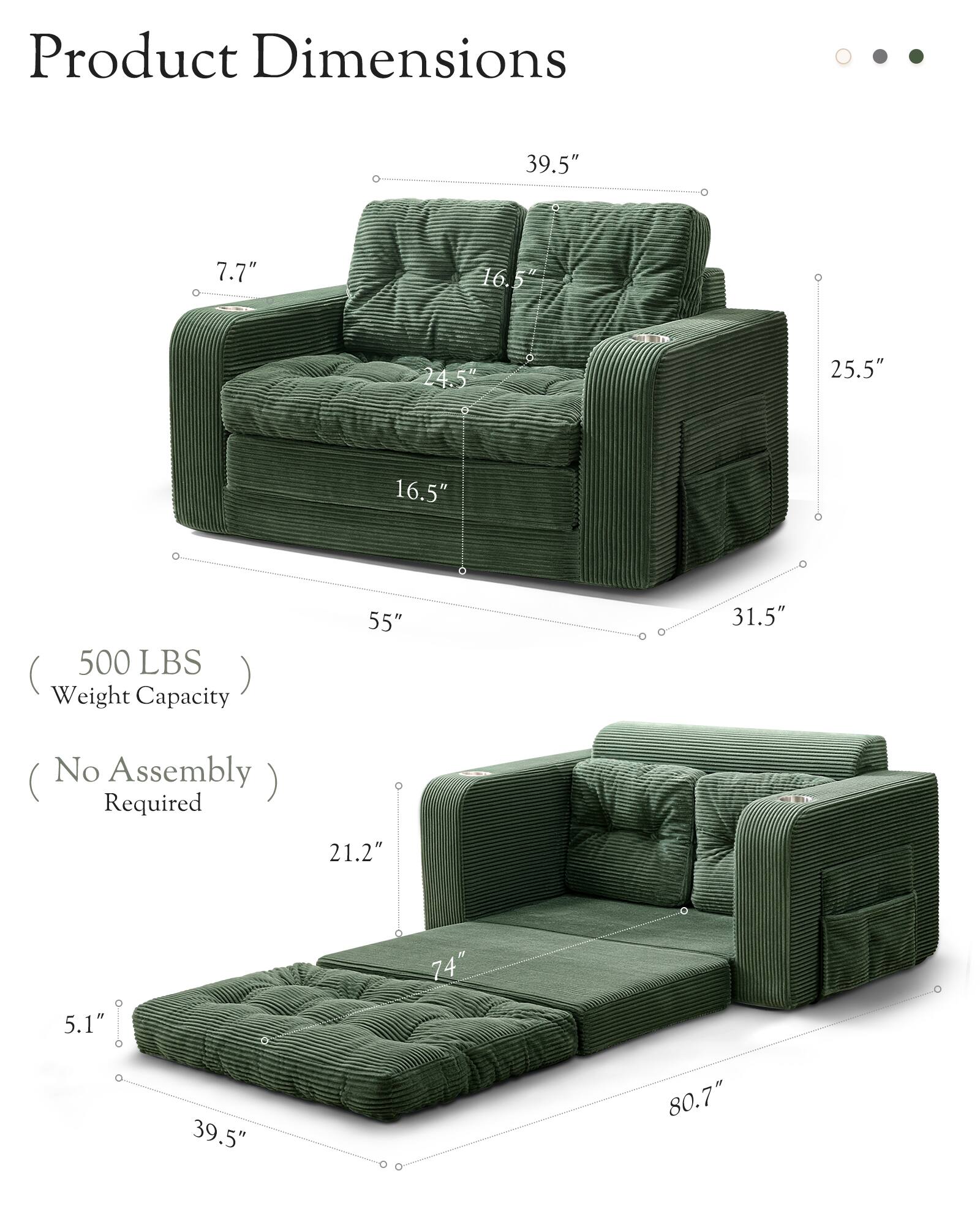 Product Dimensions:  
- 39.5"  
- 7.7"  
- 16.5"  
- 24.5"  
- 25.5"  
- 16.5"  
- 500 LBS (Weight Capacity)  
- 55"  
- 31.5" (No Assembly Required)  
- 21.2"  
- 74"  
- 5.1"  
- 39.5"  
- 80.7"