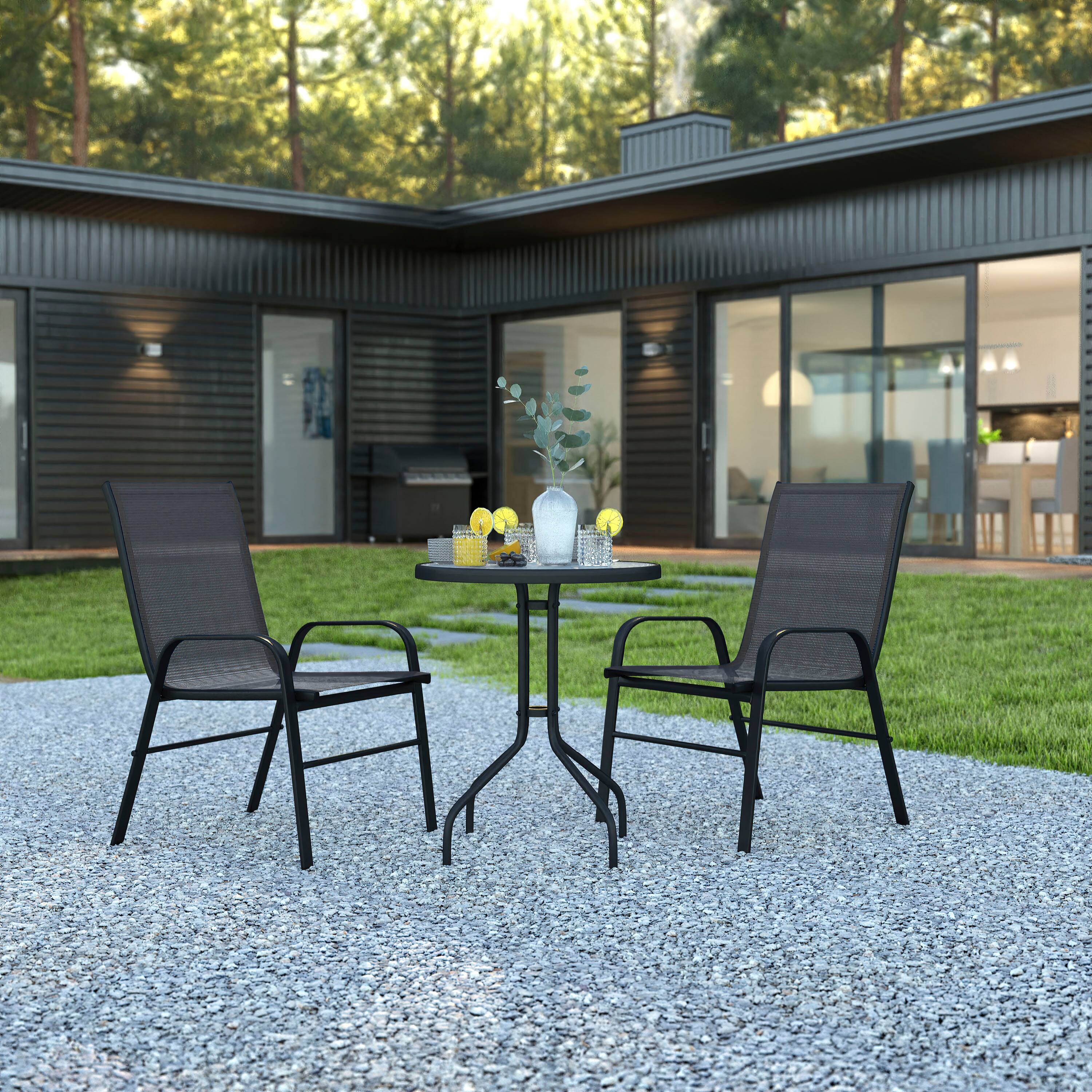 Alt View 1. Emma + Oliver - Three Piece Patio Table Set with Round Metal Frame Table with Tempered Glass Top and Two Flex Comfort Stacking Chairs - Black.