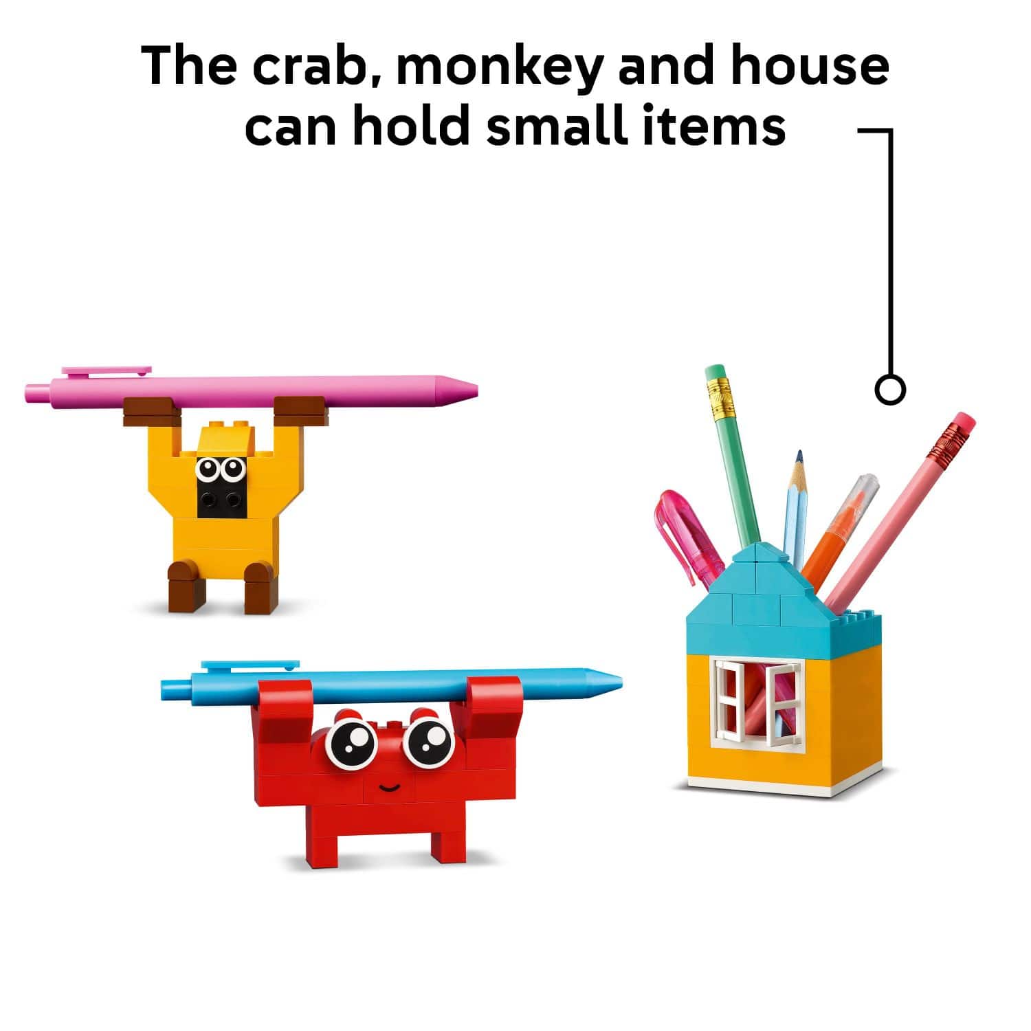 The crab, monkey, and house can hold small items.