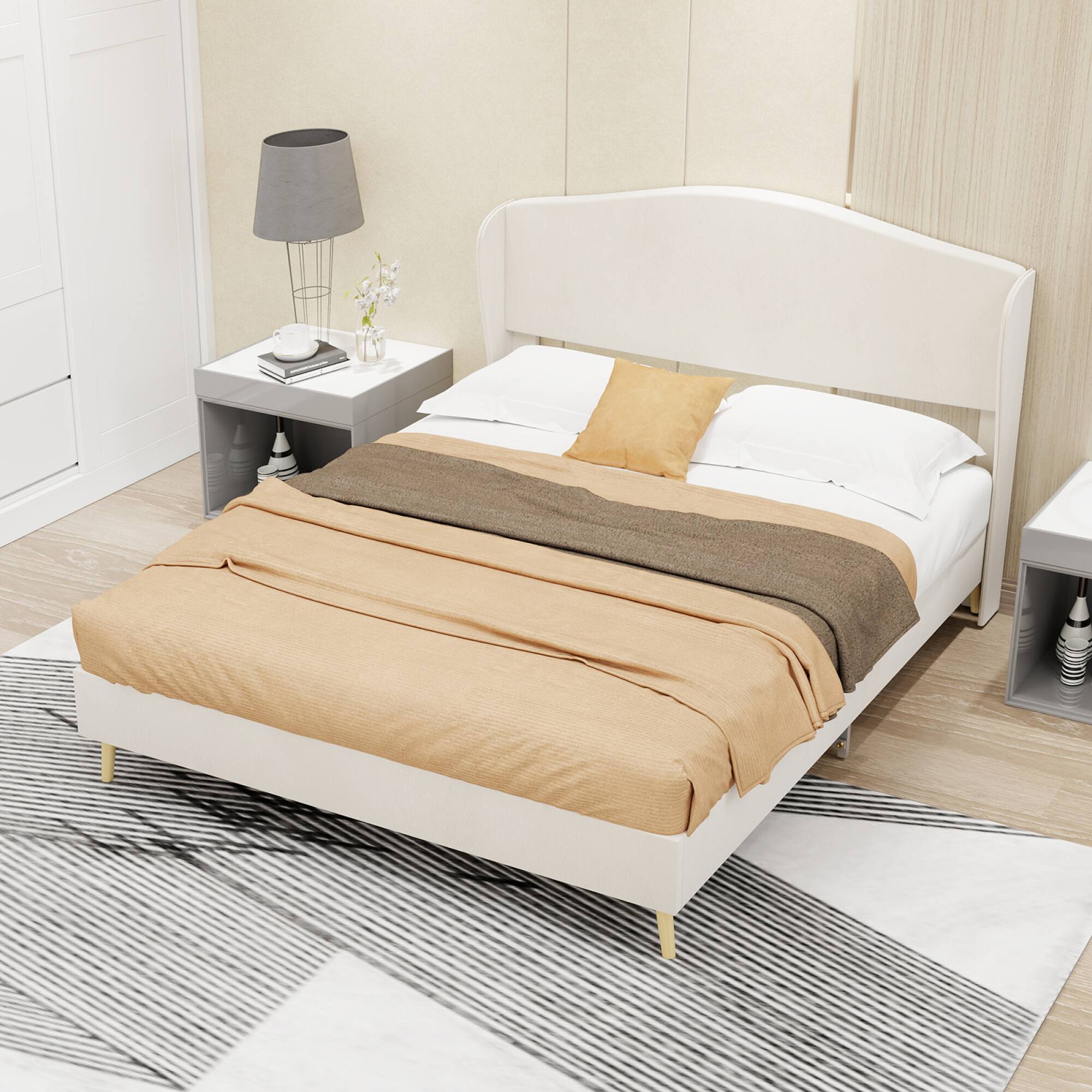 Angle. GOODSILO - Luxury Velvet Upholstered Platform Bed with Tufted Headboard for Master Bedroom and Guest Rooms - Beige.