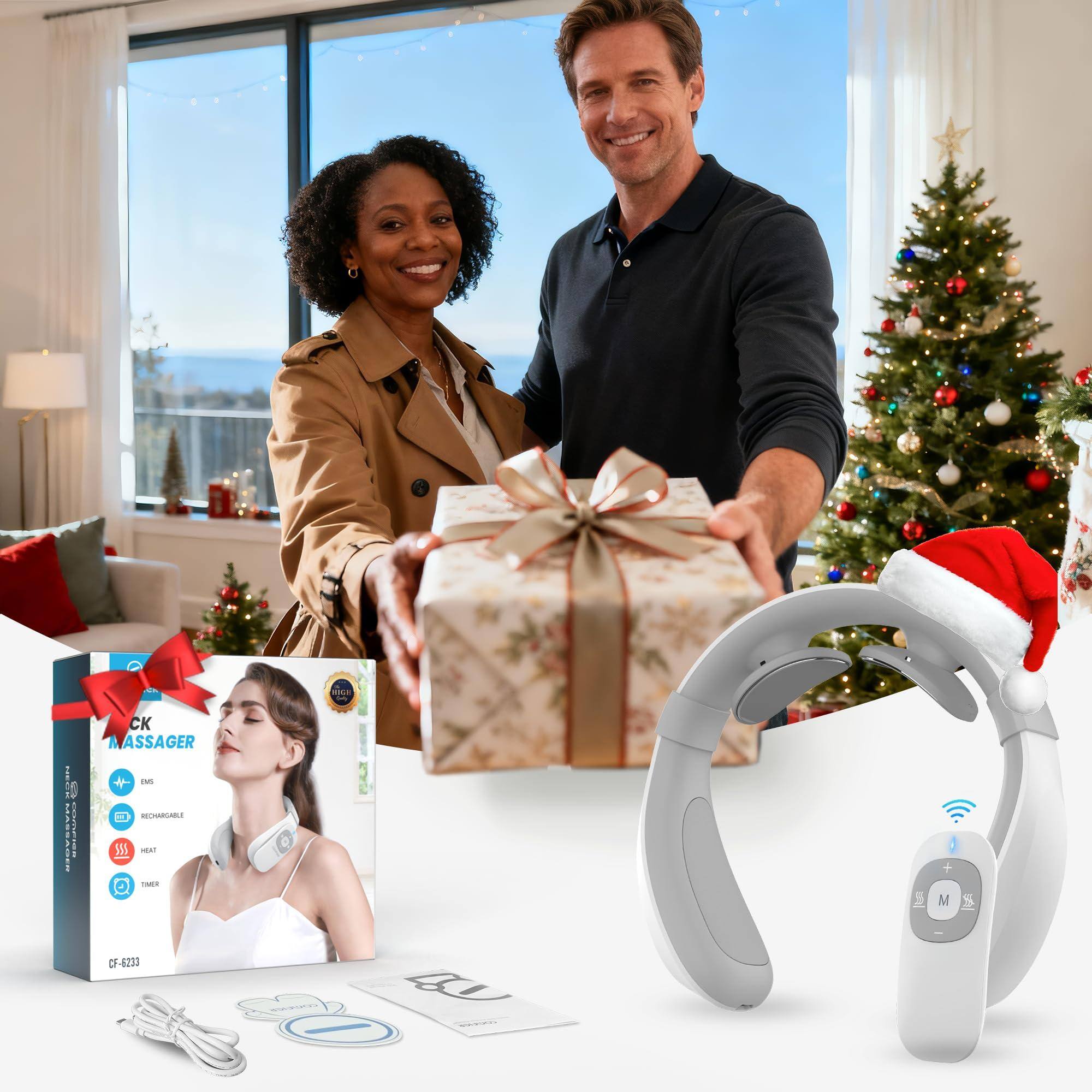 Sure, here is the corrected and grouped text from the image:

---

**Product Information:**

- **CF-6233**
- **Neck Massager**
  - EMS
  - Rechargeable
  - Heat
  - Timer

---

**Text on the Image:**

- **HASSAGER**
- **CASSAGER**
- **RELMARUANE**
- **155 BA**
- **M CF-4733**

---

**Additional Details:**

- **M**
- **M**

---