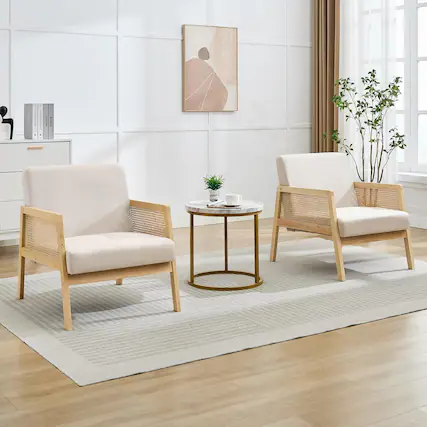 Front. Jojoka - Linen Upholstered Lounge Chairs 2 Pack, Indoor/Outdoor Rattan Webbing, Wood Frame - Natural.