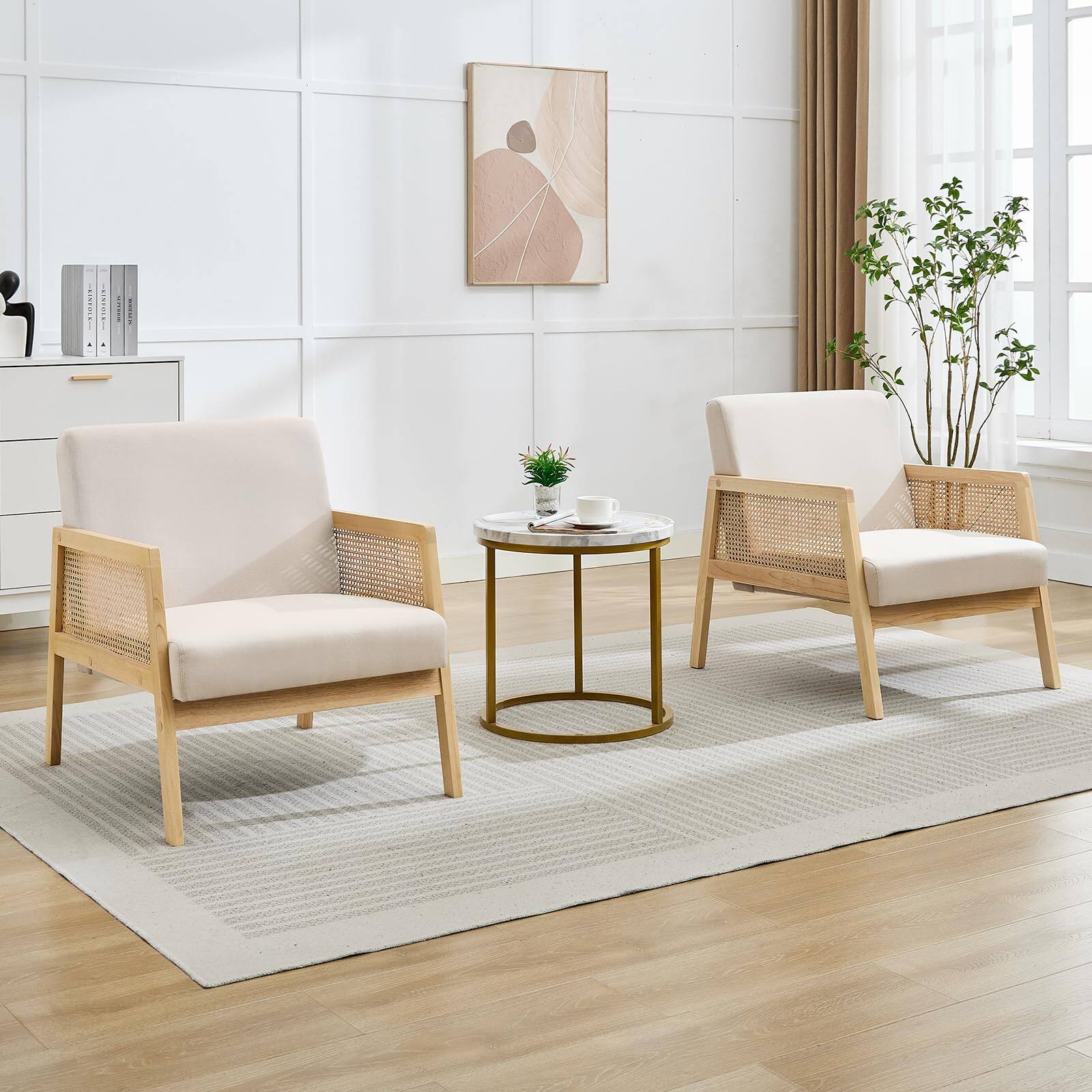 Front. Jojoka - Linen Upholstered Lounge Chairs 2 Pack, Indoor/Outdoor Rattan Webbing, Wood Frame - Natural.