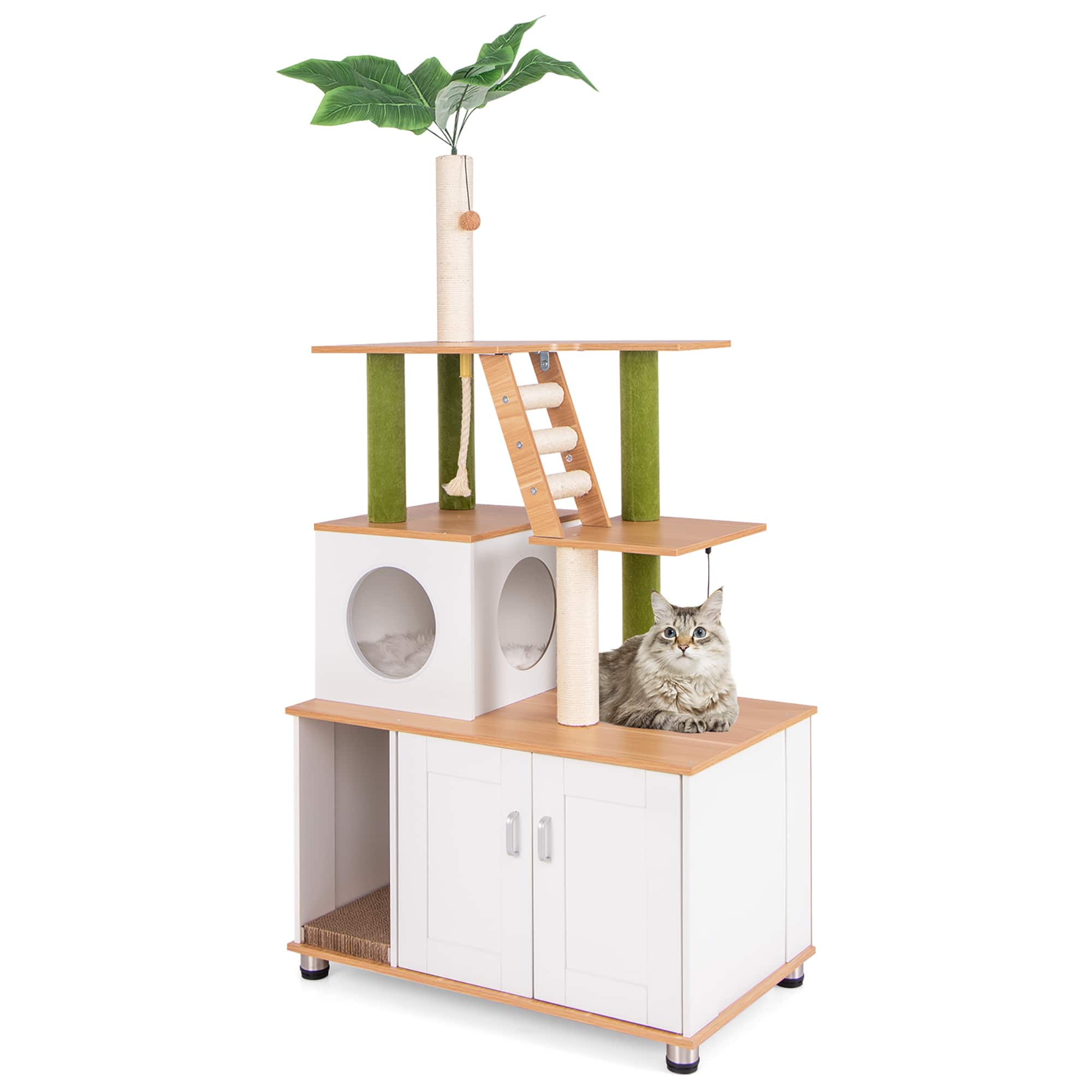 Gymax - All-in-One Cat Tree w/ Litter Box Enclosure Cat Tower Scratching Posts Ladder