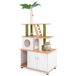 Gymax - All-in-One Cat Tree w/ Litter Box Enclosure Cat Tower Scratching Posts Ladder