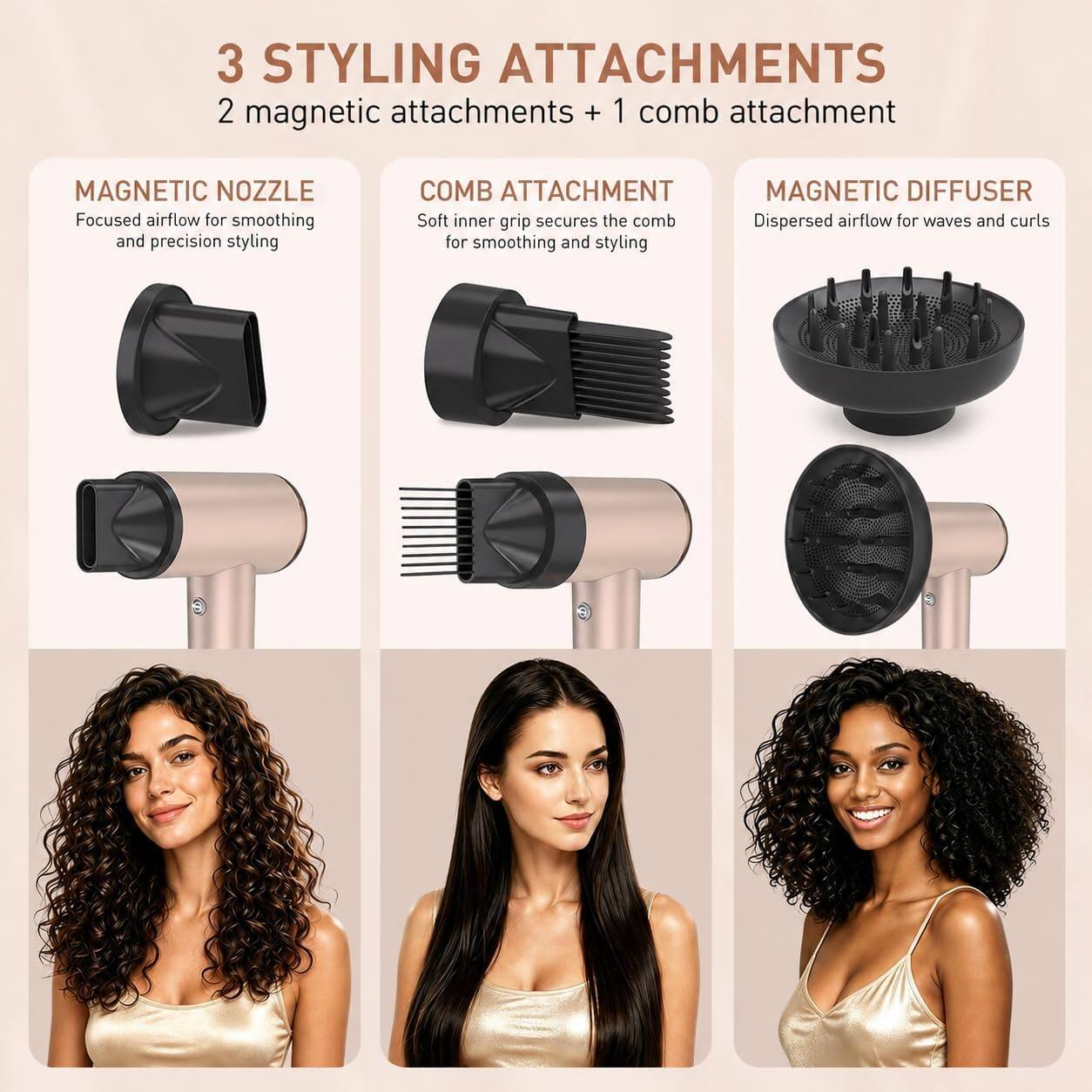 3 STYLING ATTACHMENTS  
2 magnetic attachments + 1 comb attachment

MAGNETIC NOZZLE  
Focused airflow for smoothing and precision styling

COMB ATTACHMENT  
Soft inner grip secures the comb for smoothing and styling

MAGNETIC DIFFUSER  
Dispersed airflow for waves and curls