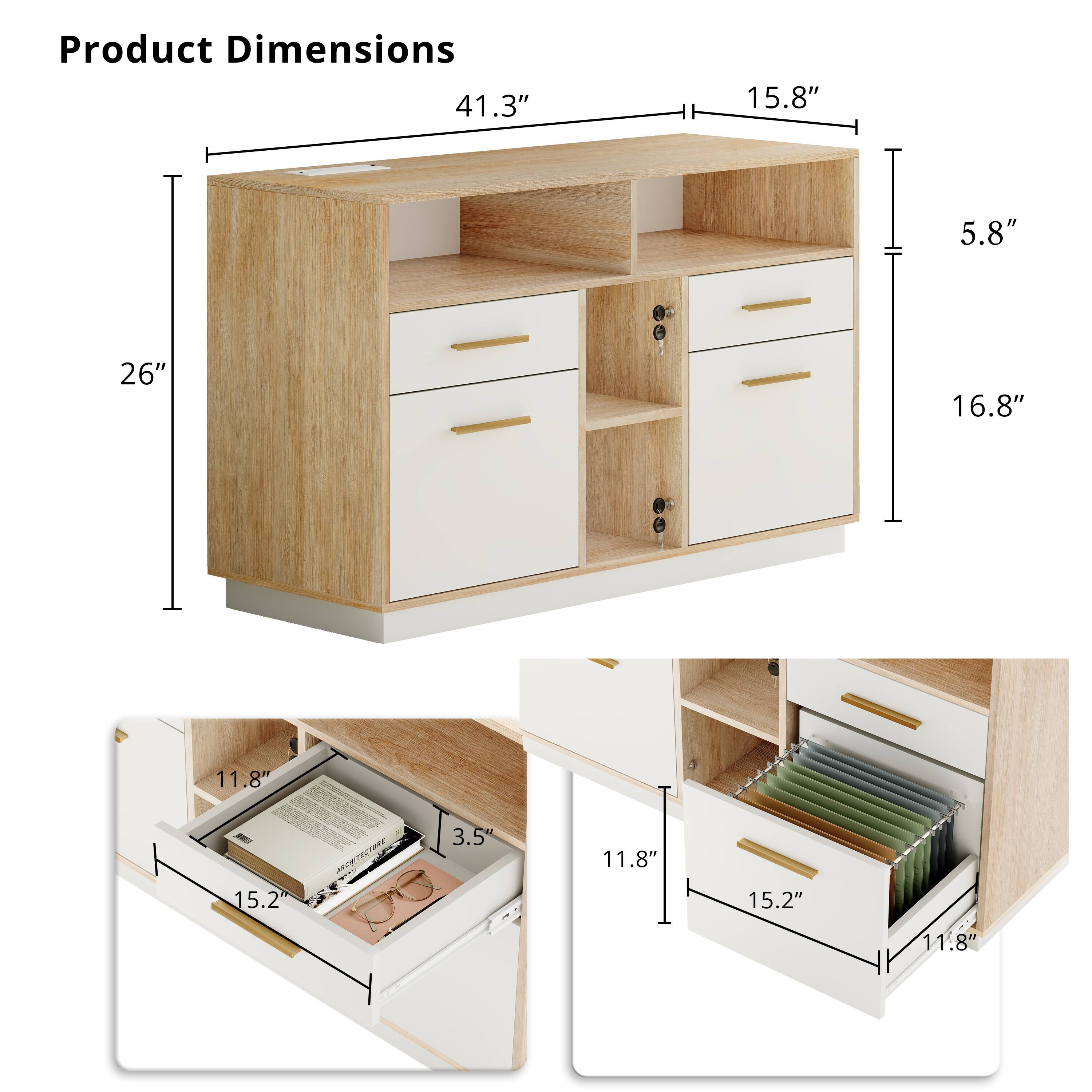 Product Dimensions

- Length: 41.3"
- Depth: 15.8"
- Height: 26"
- Shelf Height: 5.8"
- Drawer Height: 16.8"

Drawer Dimensions:

- Width: 15.2"
- Depth: 11.8"
- Height: 3.5"