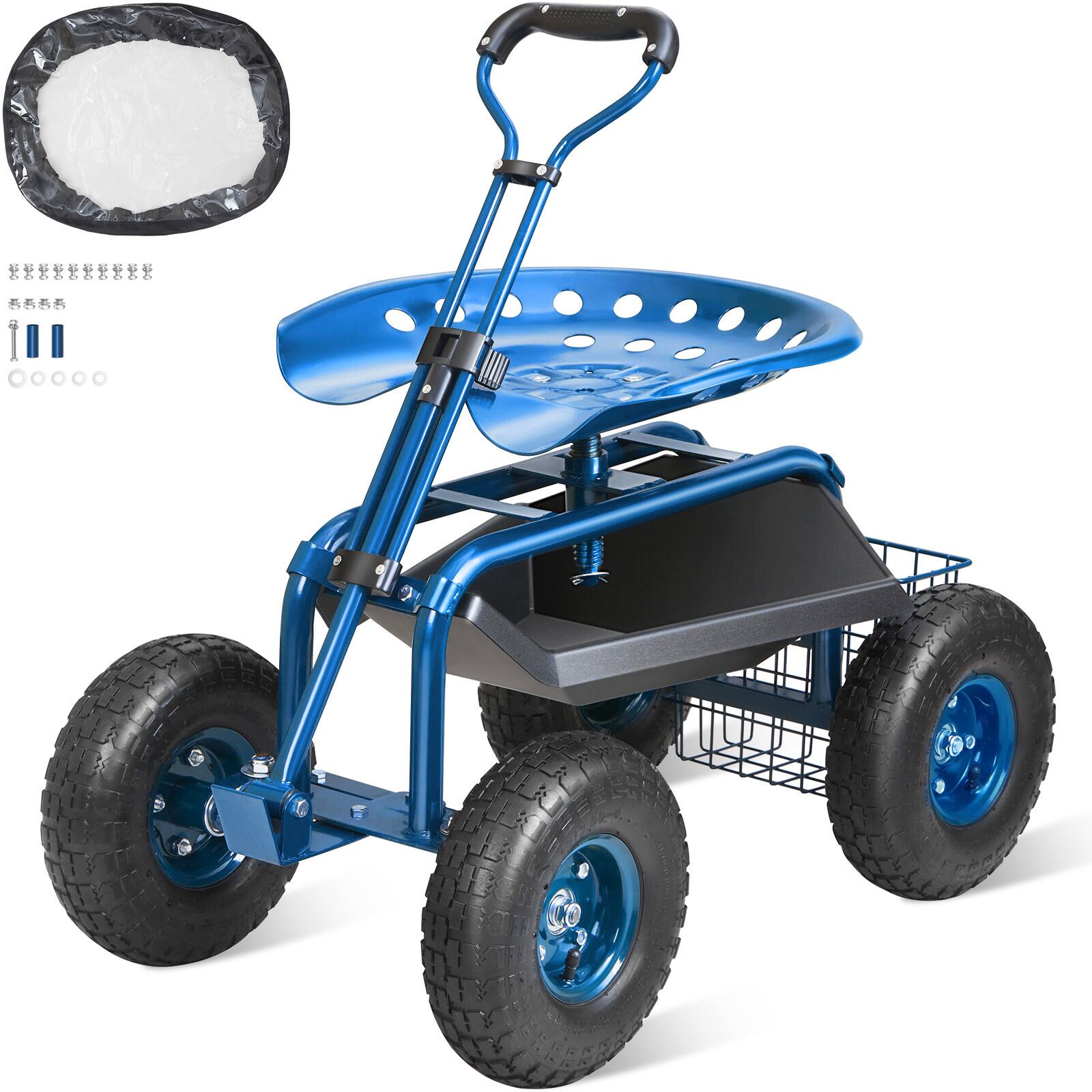 Front. VEVOR - Garden Cart Rolling Workseat with Wheels, Gardening Stool for Planting, 360 Degree Swivel Seat, Wagon Scooter - Blue.