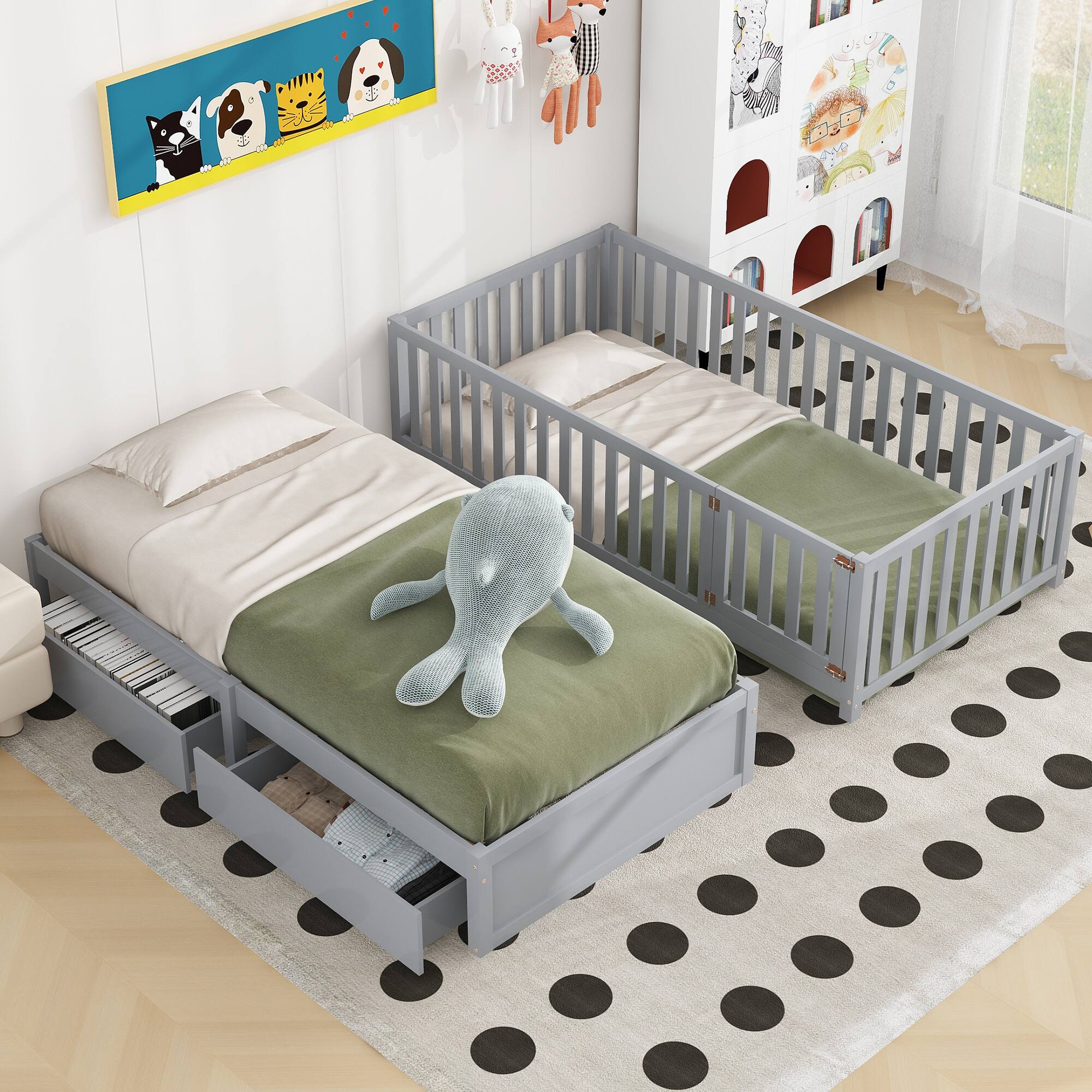 Left. Tiramisubest - Twin Size Wood Daybed with Fence Guardrails and 2 Drawers, Split into Independent Floor Bed & Daybed, Gray - Gray.