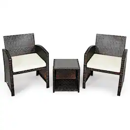 Gymax - 3PCS Rattan Patio Conversation Furniture Set Yard Outdoor w/ Cushions - White