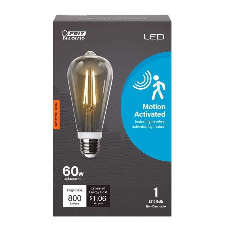 FEIT Electric LED  
2700K White  
Soft White  
Motion Activated  
Instant light when activated by motion  

60w replacement  
Brightness: 800 lumens  
Estimated Energy Cost: $1.06 per year  

1 ST19 Bulb  
Non-Dimmable