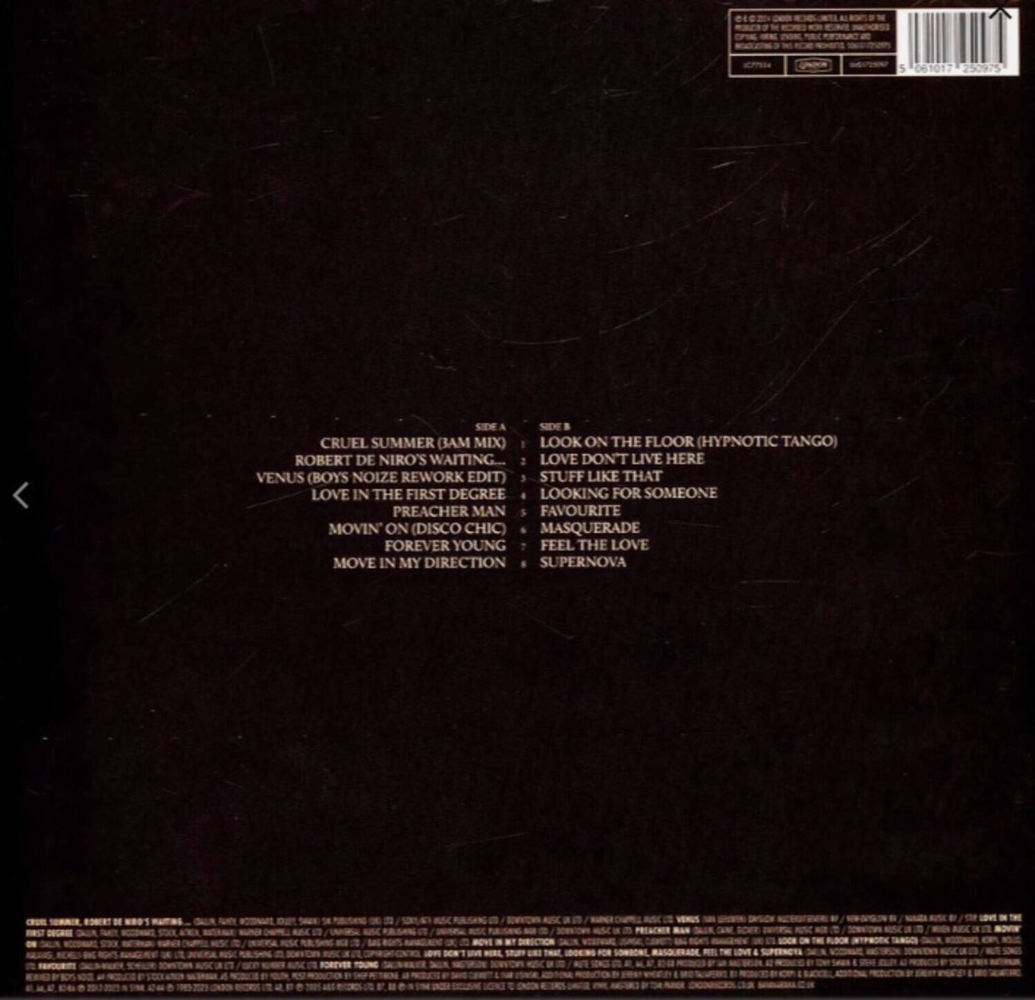 Sure, here is the corrected and grouped text:

**Side A:**
- Cruel Summer (3AM Mix)
- Robert De Niro's Waiting...
- Venus (Boys Noize Rework Edit)
- Love Don't Live Here
- Stuff Like That
- Love in the First Degree
- Looking for Someone
- Preacher Man
- Movin' On (Disco Chic)
- Masquerade
- Forever Young
- Move in My Direction
- Supernova

**Side B:**
- Look on the Floor (Hypnotic Tango)
- Favourite
- Masquerade
- Feel the Love

**Additional Information:**
- 5 061017 25095
- Side & Side