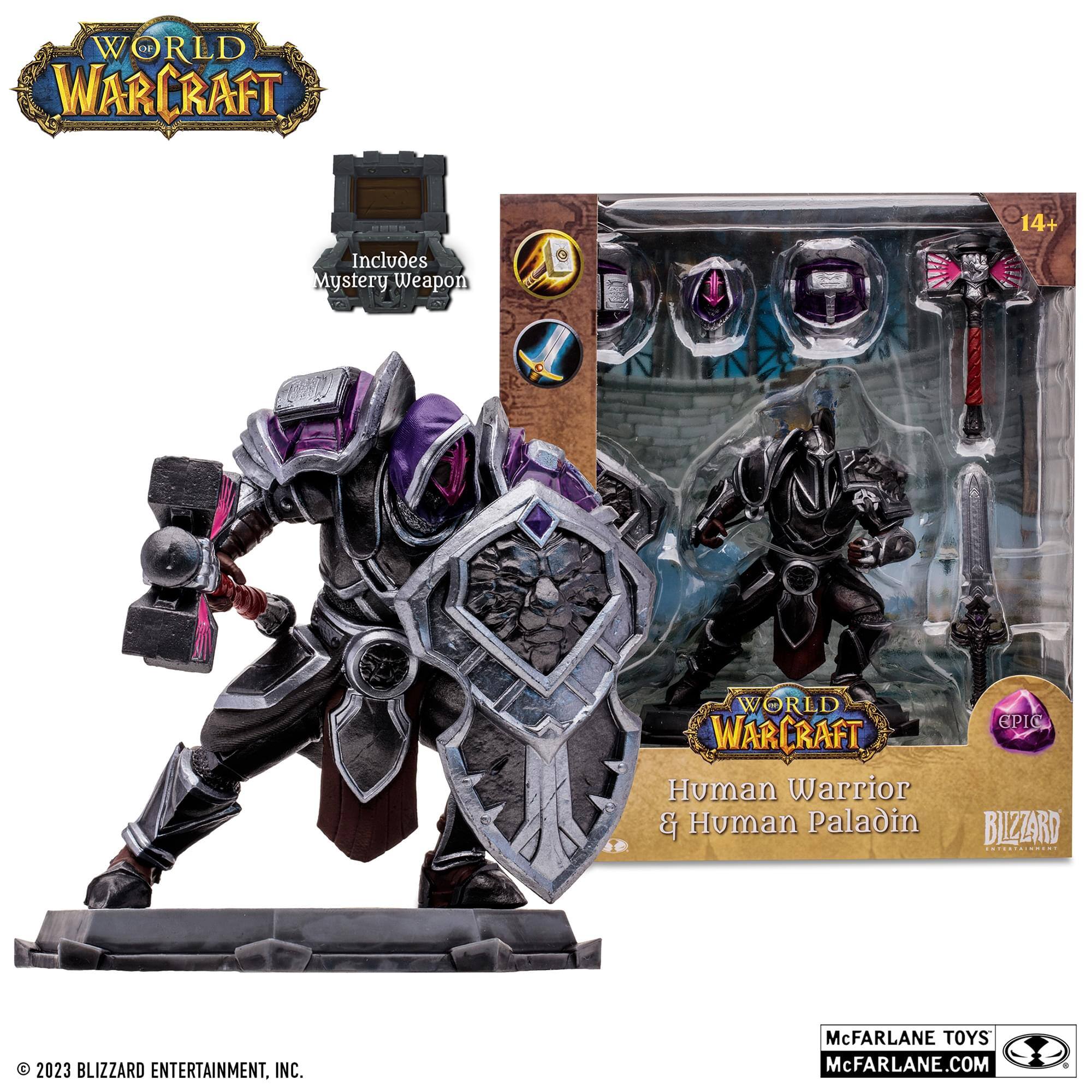 WORLD OF WARCRAFT  
Includes Mystery Weapon  

Human Warrior & Human Paladin  

EPIC  

© 2023 BLIZZARD ENTERTAINMENT, INC.  

McFARLANE TOYS  
McFARLANE.COM