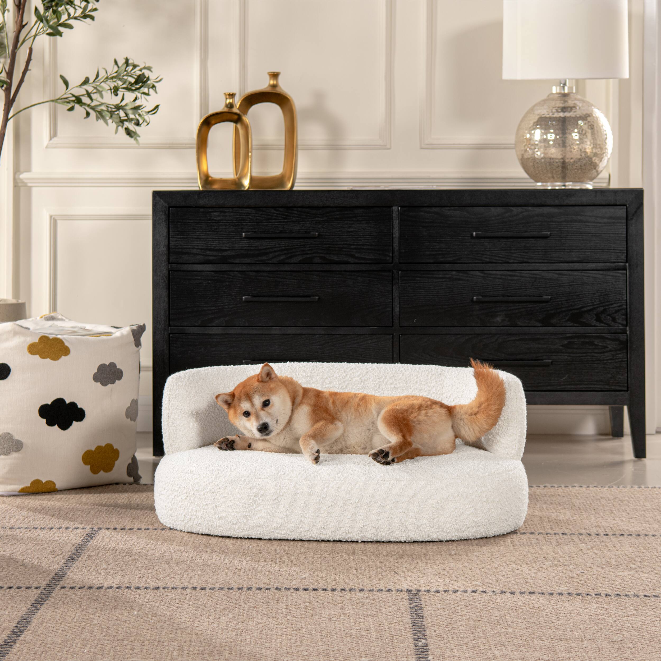 Front. Siljoy - Ivory White Boucle Dog Sofa, Curved Medium‑Size Bed, 150 lb Capacity, Eco‑Friendly Plywood Frame - White.