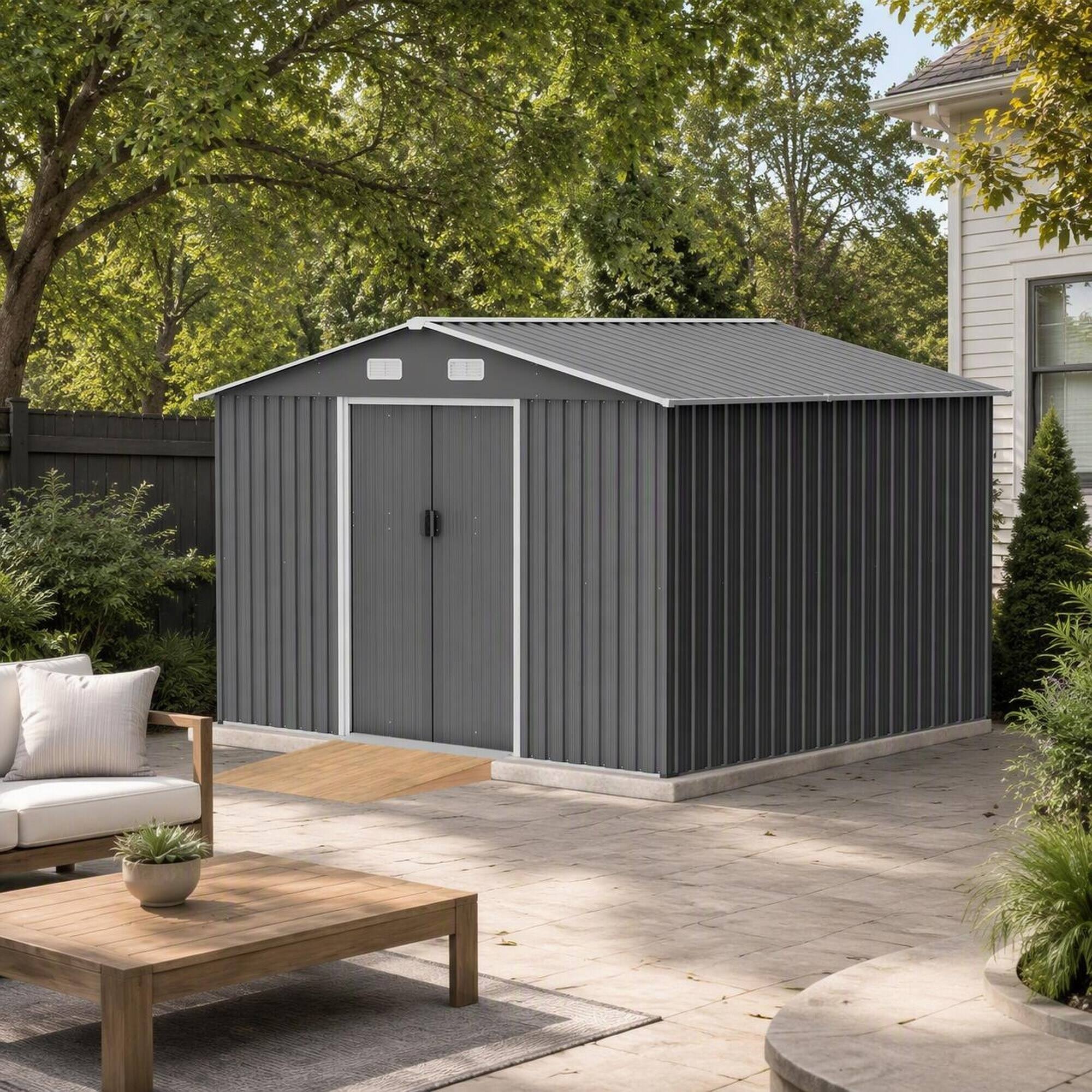 Left. RYHNUYNE - 10x8 ft Steel Shed Sliding Doors Galvanized Garden Tool Shed Patio Backyard Grey - Gray.