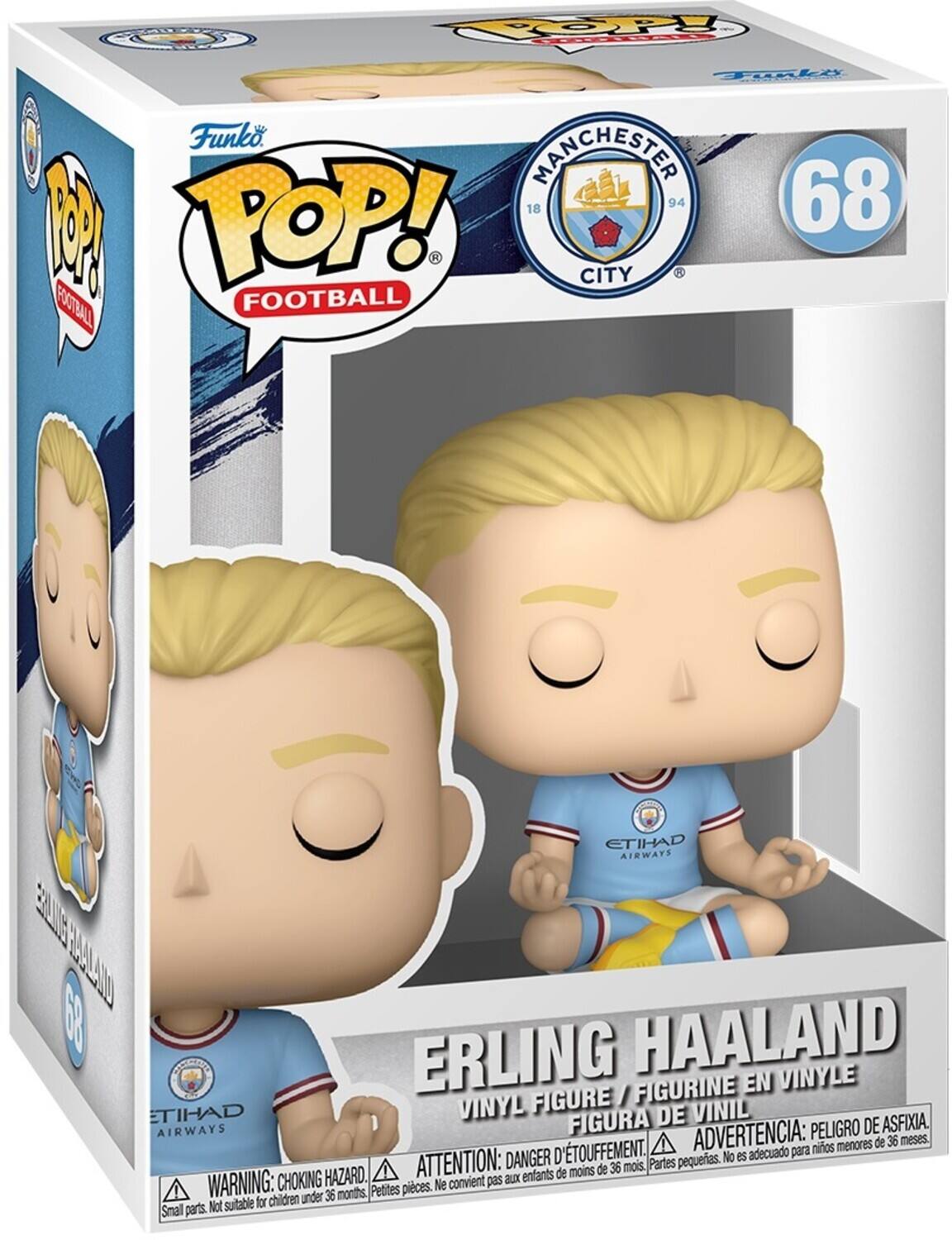 Sure, here is the corrected and grouped text from the image:

---

**Funko POP! FOOTBALL**

**MANCHESTER CITY**

**68**

**ERLING HAALAND**

**VINYL FIGURE / FIGURINE EN VINYLE / FIGURA DE VINIL**

**WARNING: CHOKING HAZARD. Small parts. Not suitable for children under 36 months.**

**ATTENTION: DANGER D'ÉTOUFFEMENT. Petites pièces. Ne convient pas aux enfants de moins de 36 mois.**

**ADVERTENCIA: PELIGRO DE ASFIXIA. Partes pequeñas. No es adecuado para niños menores de 36 meses.**

---

This text is organized to reflect the information on the packaging accurately.