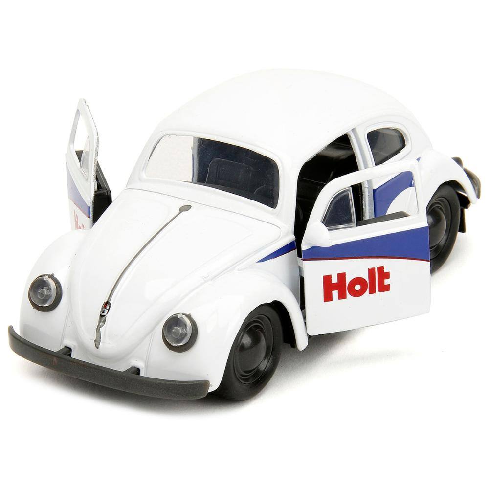 Angle. Jada - 1959 Volkswagen Beetle "Holt" White with Blue Graphics and Boxing Gloves Accessory "Punch Buggy" Series 1/32 - White and Blue.
