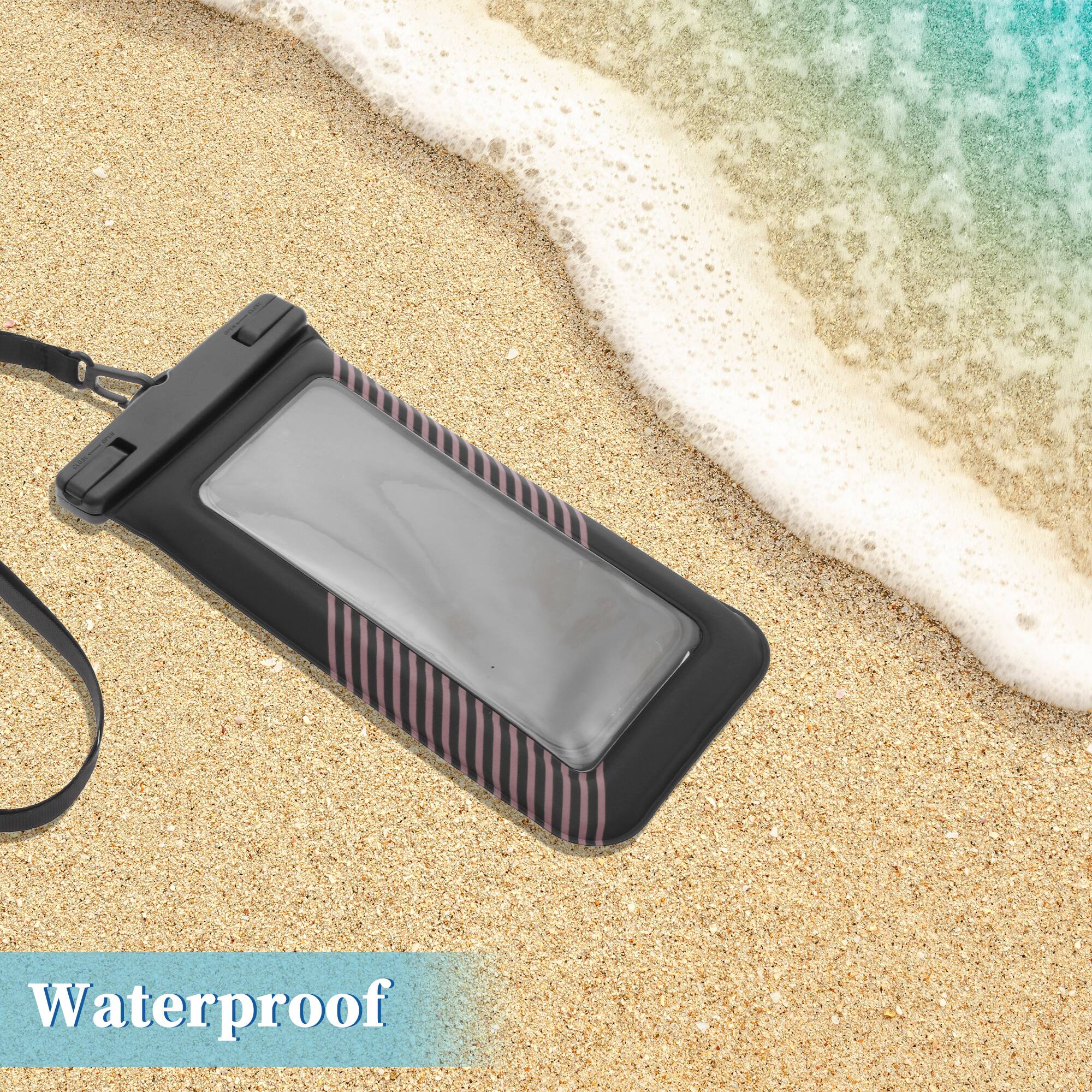 Alt View 1. Unique Bargains - 2pcs Half Stripe Mobile Waterproof Bag Universal Waterproof Case Compatible for Phone 4.53"x8.27" - Black Light Pink.