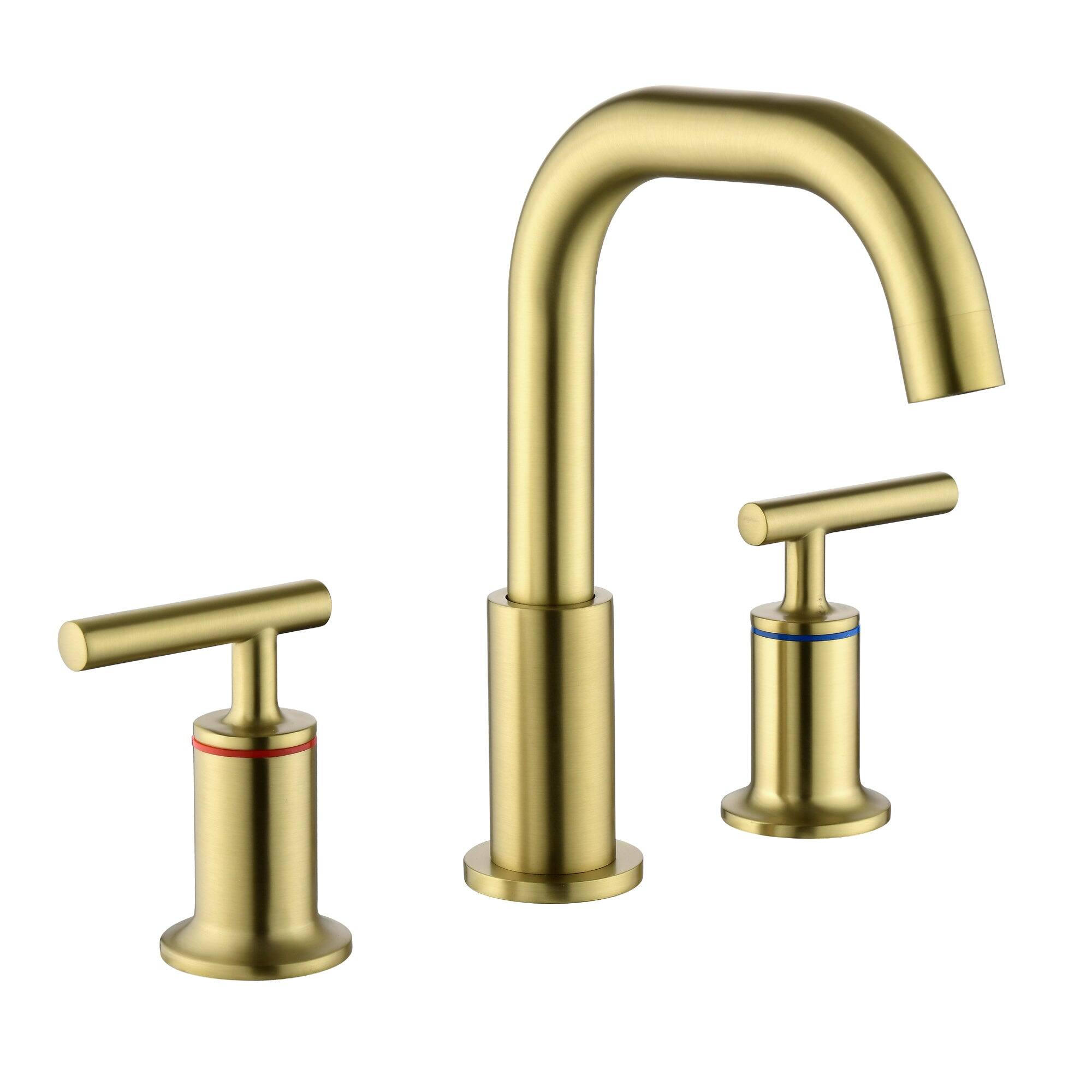 Left. Boyel Living - 8 in Widespread Double Handle 1.2 GPM Bathroom Faucet with Quick Connect Hose and Water Supply Hose in Brushed Gold - Brushed Gold.