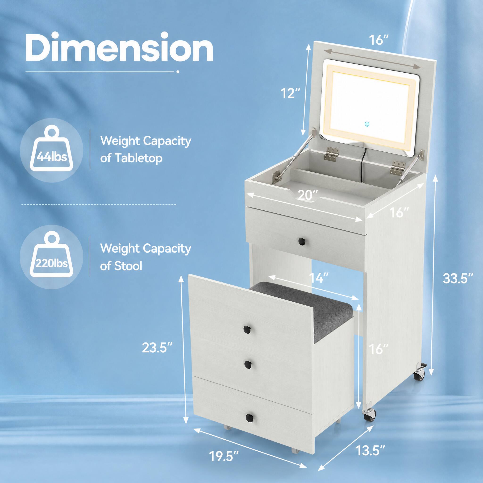 Dimension  
16"  
12"  
44lbs  
Weight Capacity of Tabletop  
20"  
16"  
220lbs  
Weight Capacity of Stool  
14"  
33.5"  
23.5"  
16"  
19.5"  
13.5"