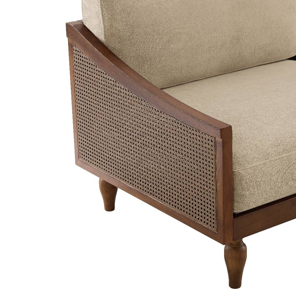 Alt View 8. Loheer - Loheer 70.9 Inch Mid-Century 3-Seater Sofa Light Brown Chenille Couch with Rattan Armrests - Light Brown.