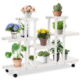Costway - 4-Tier Rolling Flower Rack Wood Plant Stand Casters 12 Pots Bonsai Display Shelf - White