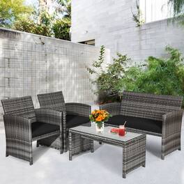 Gymax - 4PCS Patio Outdoor Rattan Conversation Furniture Set w/ Cushion - Black