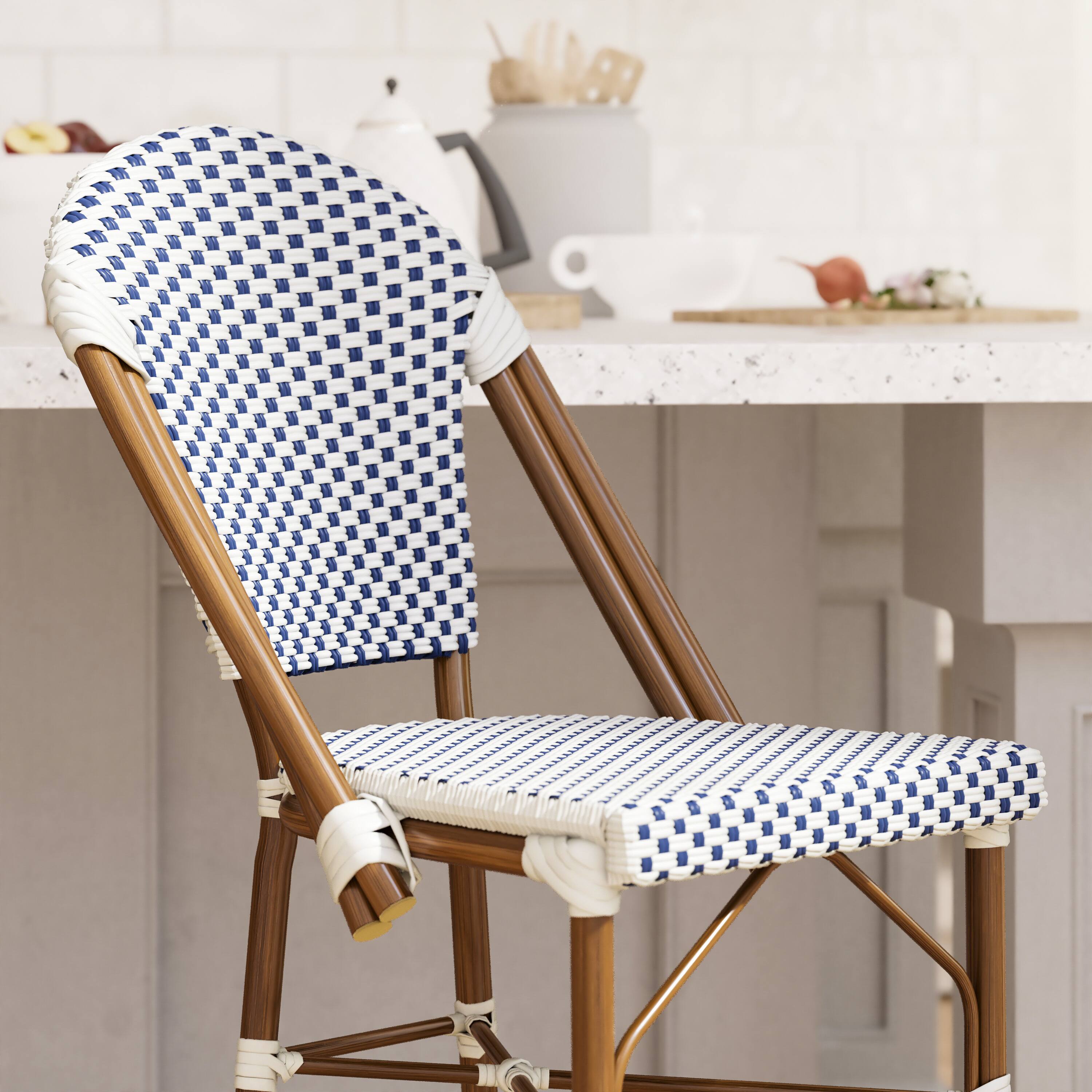Alt View 4. Emma + Oliver - Colmar Set of Two Indoor/Outdoor 30" High Stacking Bistro Counter Stools with Patterned Seat and Back and Metal Frames - White & Navy/Natural Frame.