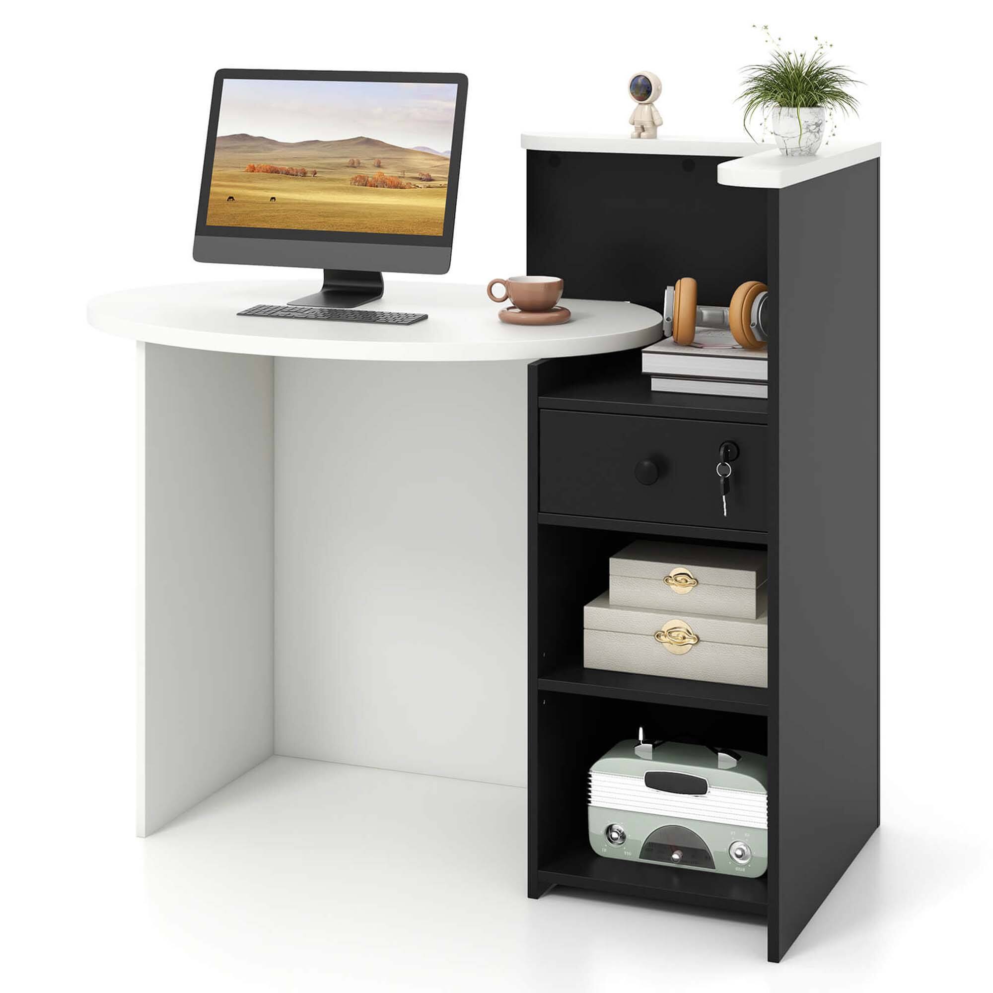 Front. Costway - Costway Front Reception Counter Desk Checkout Office Desk with Open Shelf & Lockable Drawer - Black,White.