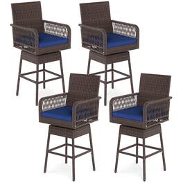 Costway - 4 PCS 29" Patio 360° Swivel Bar Stool with Cross-Woven Armrests Footrest Metal Frame - Navy