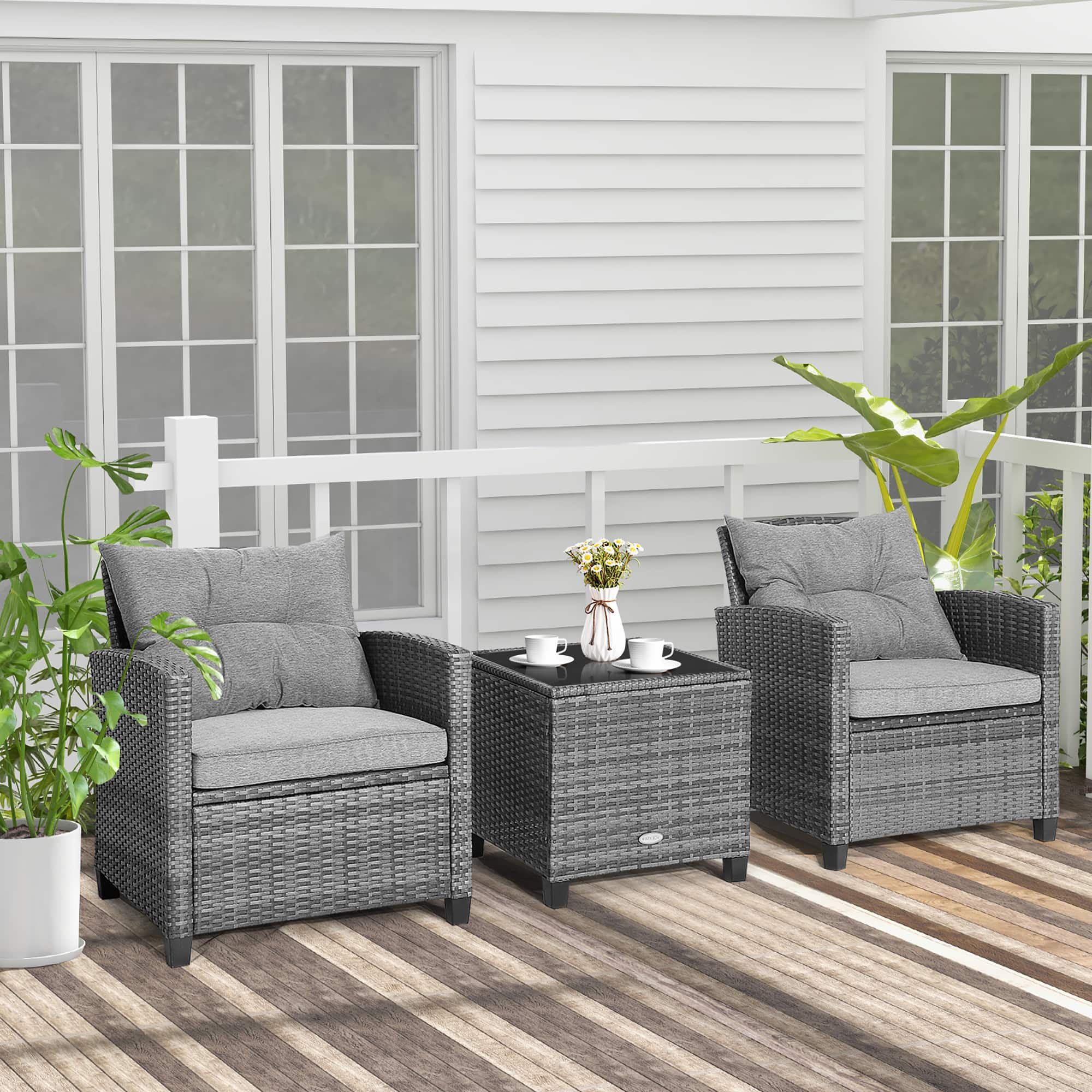 Alt View 3. Costway - 3PCS Patio Rattan Furniture Bistro Set Cushioned Sofas Side Table Armrest - Grey Rattan & Grey Cushion.