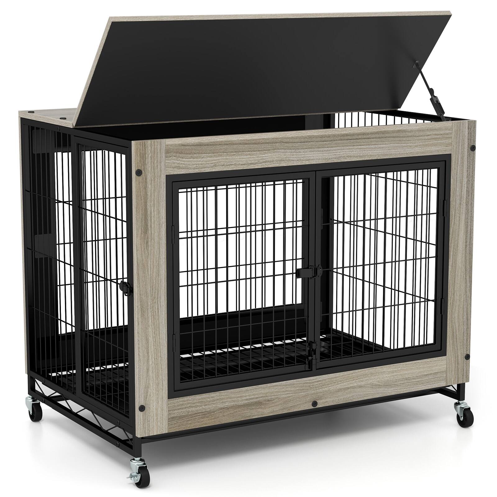 Alt View 9. Gymax - Gymax Dog Crate Furniture Industrial Dog Kennel w/ Flip-up Top Decorative Pet House Gray.