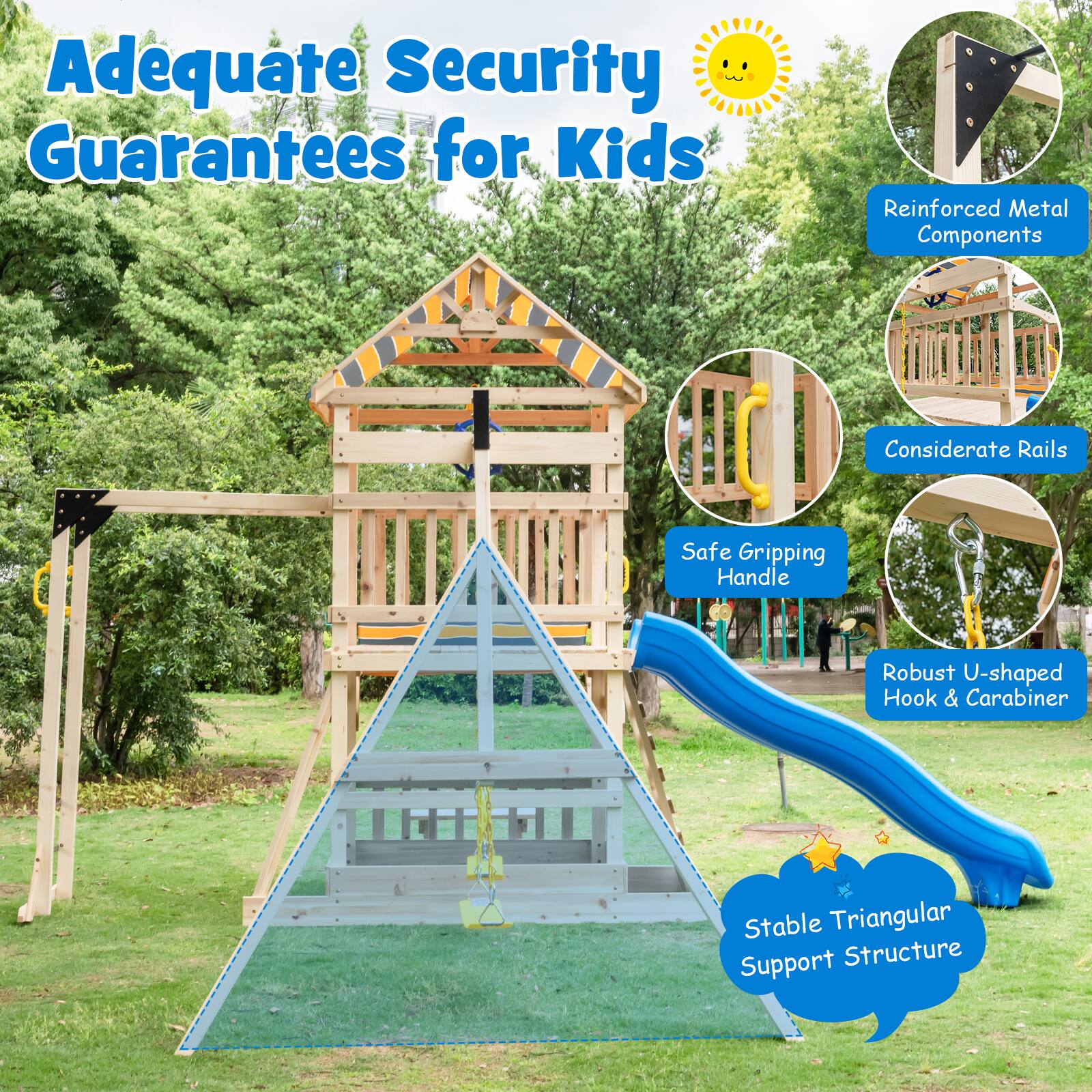 Adequate Security Guarantees for Kids

- Reinforced Metal Components
- Considerate Rails
- Safe Gripping Handle
- Robust U-shaped Hook & Carabiner
- Stable Triangular Support Structure