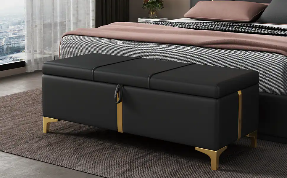 Alt View 5. GOODSILO - Elegant Upholstered Storage Ottoman Bench with Metal Legs - Black.