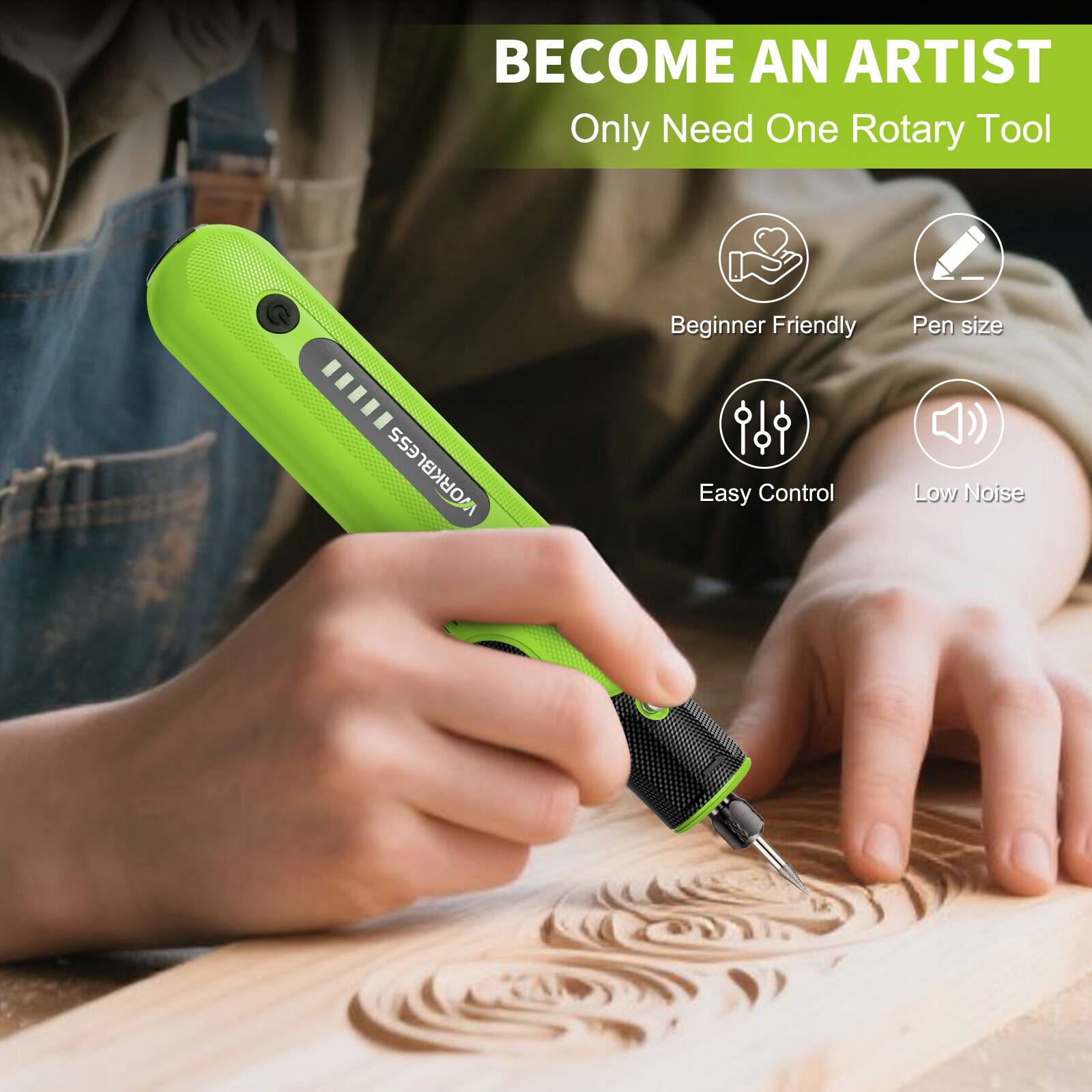 BECOME AN ARTIST  
Only Need One Rotary Tool  

- Beginner Friendly  
- Pen size  
- Easy Control  
- Low Noise