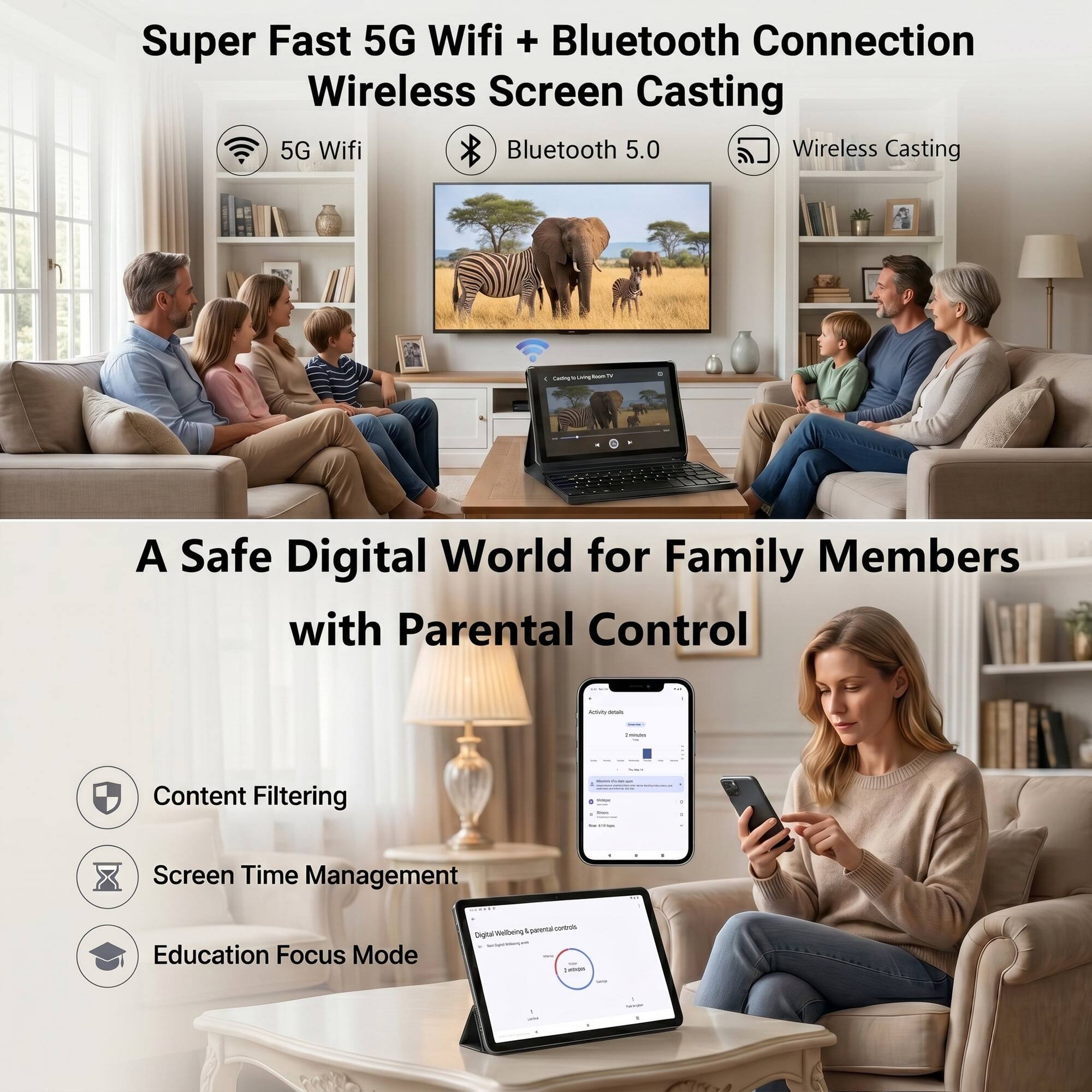Super Fast 5G Wifi + Bluetooth Connection Wireless Screen Casting  
5G Wifi Bluetooth 5.0 Wireless Casting  

A Safe Digital World for Family Members with Parental Control  
- Content Filtering  
- Screen Time Management  
- Education Focus Mode