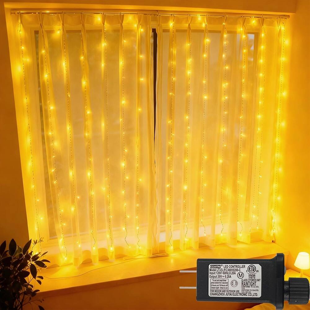 MOSZAR LLC - 300-LED Curtain Lights, 9.8 FT, Warm White, Plug-In, Indoor/Outdoor