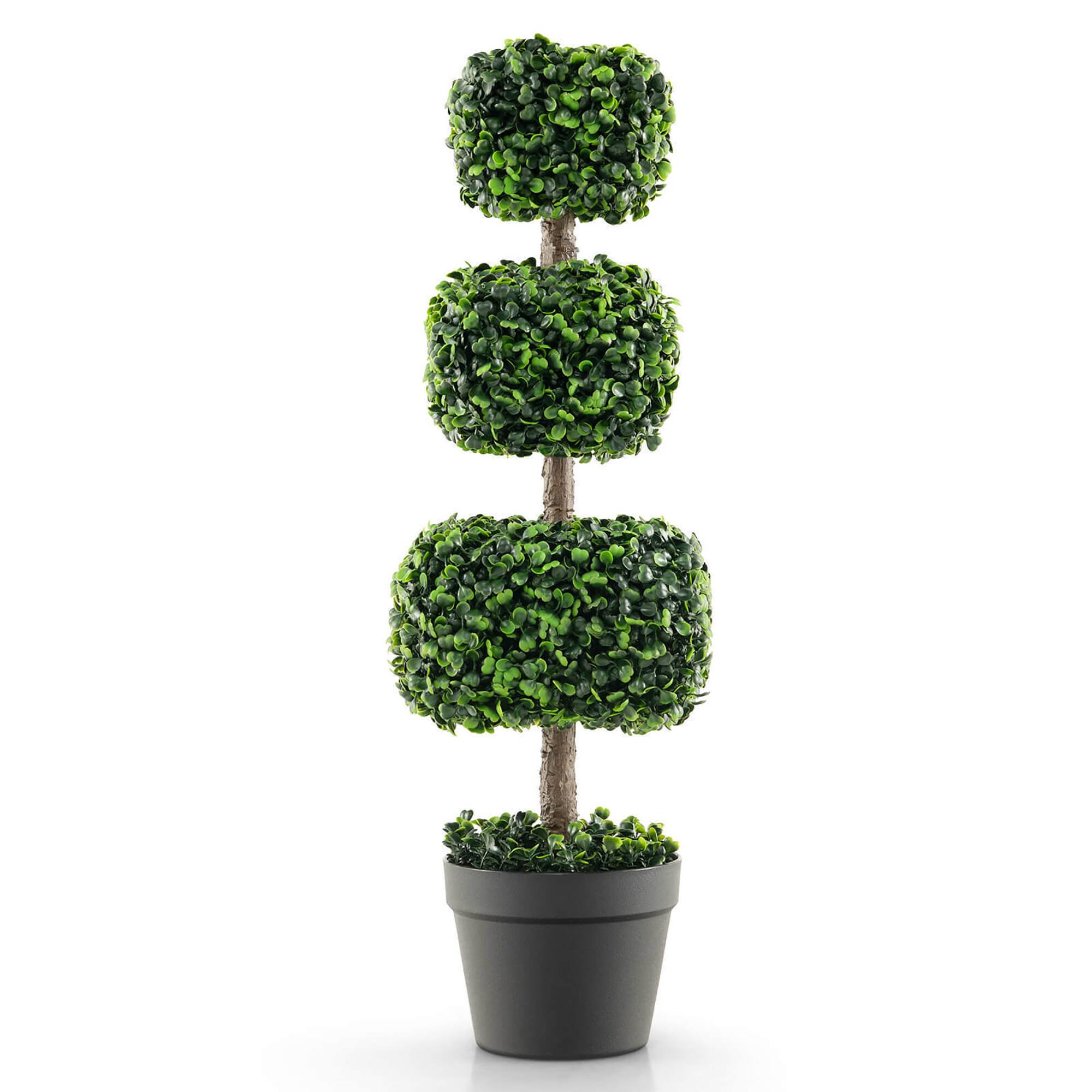 Front. Gymax - Gymax 35'' Artificial Boxwood Topiary Tree Faux Greenery Plant Fake Tree for Decoration - Green, Black.