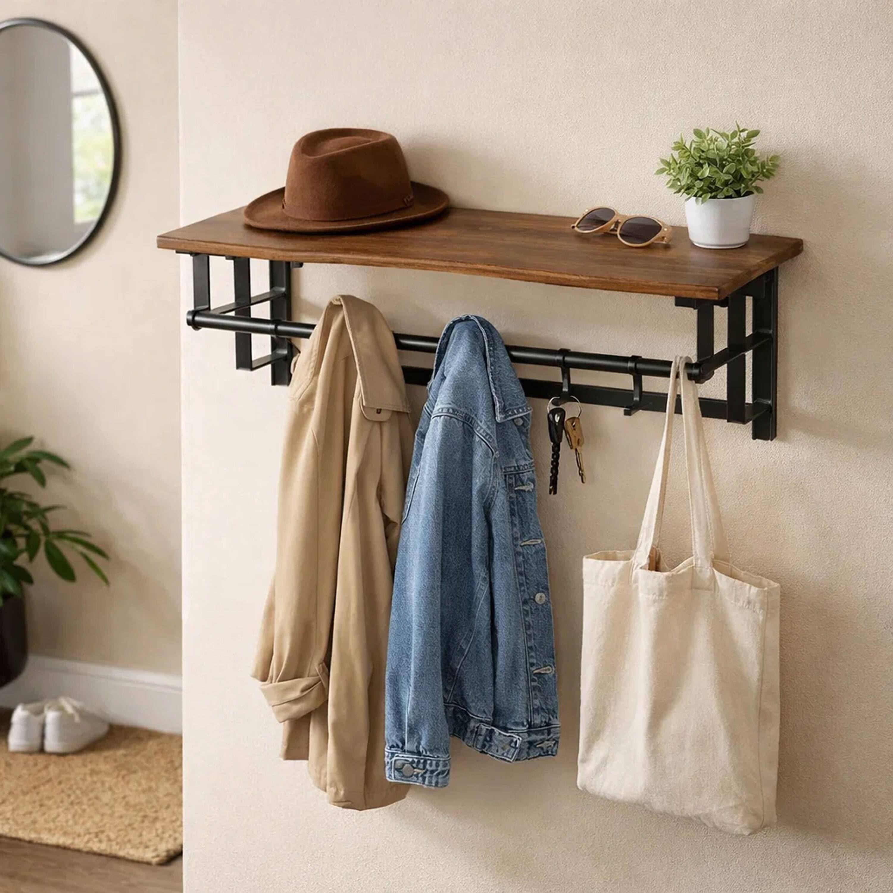 Alt View 10. Manhattan Lane - 26 Inch Industrial Metal Frame Wall Mount Coat Rack, 5 Hooks, 1 Shelf - Brown and Black.