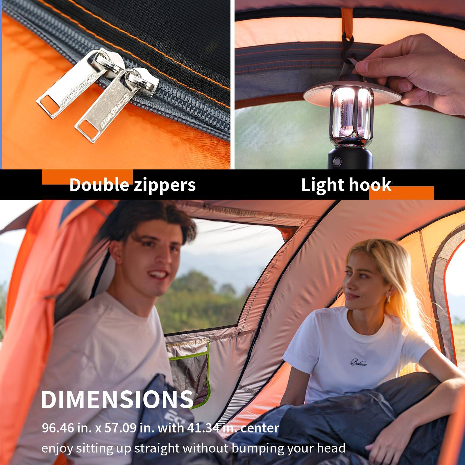 Double zippers, Light hook, DIMENSIONS: 96.46 in. x 57.09 in. with 41.34 in. center, enjoy sitting up straight without bumping your head.