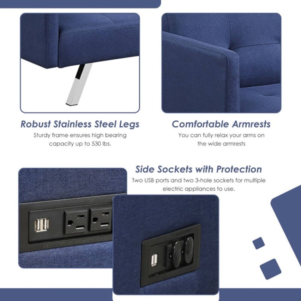 Robust Stainless Steel Legs  
Sturdy frame ensures high bearing capacity up to 530 lbs.

Comfortable Armrests  
You can fully relax your arms on the wide armrests.

Side Sockets with Protection  
Two USB ports and two 3-hole sockets for multiple electric appliances to use.