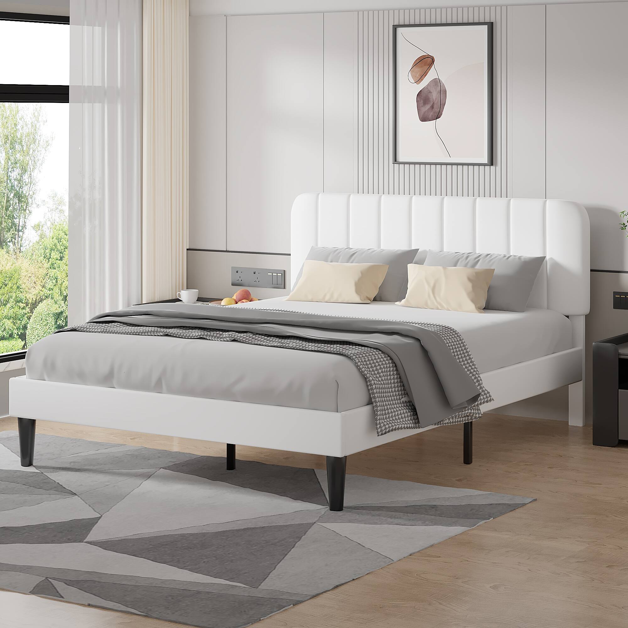 Alt View 3. Vecelo - Full Bed Frame w/ Padded Headboard & Platform, Reinforced Wood Slats - No Box Spring, Easy Assembly - White.