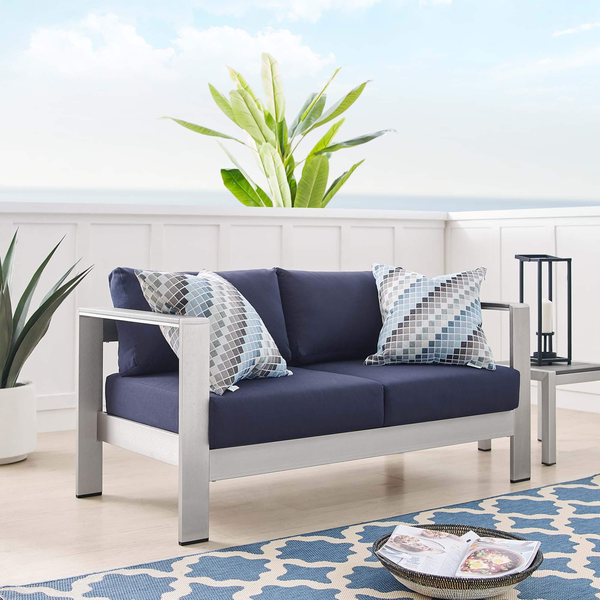 Shore Sunbrella® Fabric Aluminum Outdoor Patio Loveseat by Modway - Silver Navy