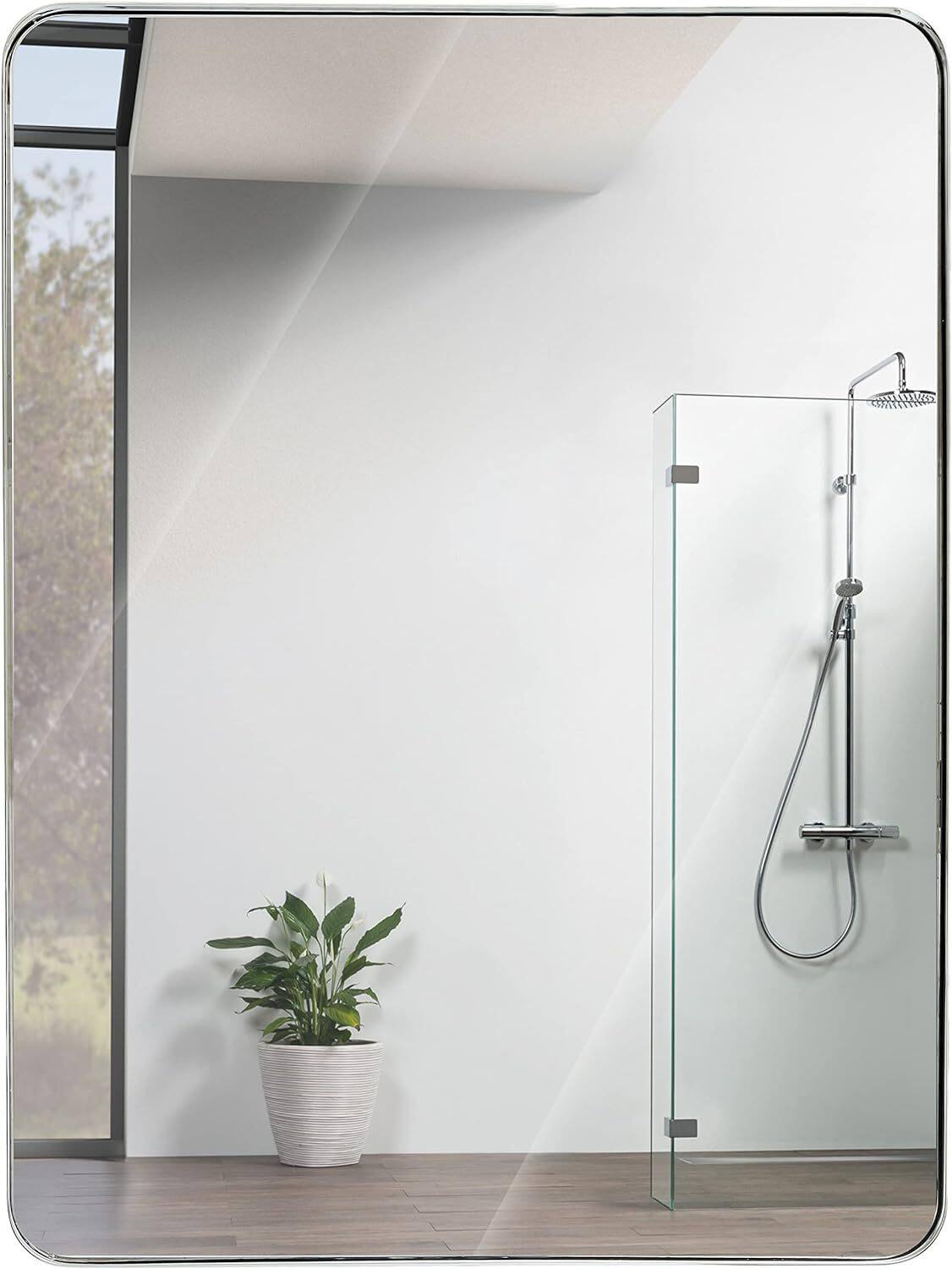 Back. BreeBe - 30x40 Inch Silver Metal Framed Rectangular Rectangular Bathrrom Mirror for Wall. - Silver.