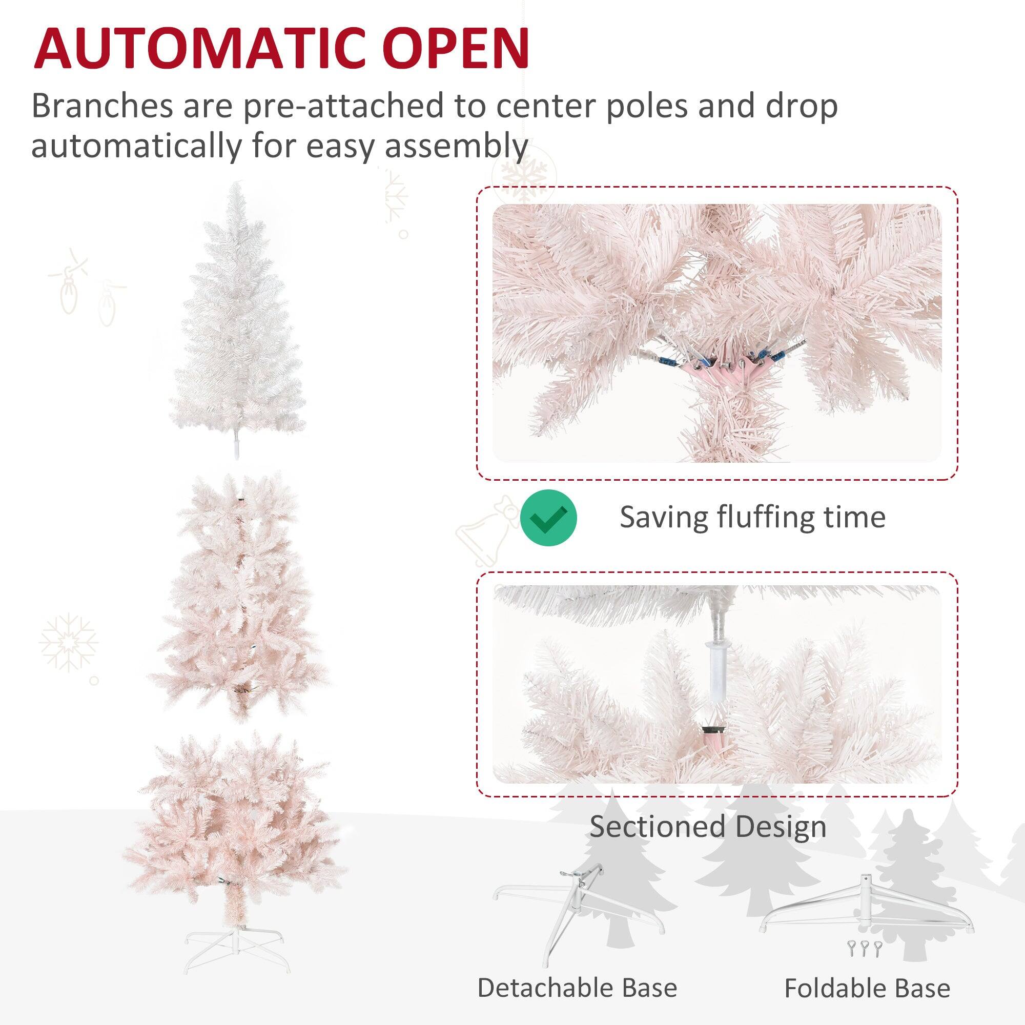 **AUTOMATIC OPEN**

Branches are pre-attached to center poles and drop automatically for easy assembly

- Saving fluffing time

**Sectioned Design**

- Detachable Base
- Foldable Base